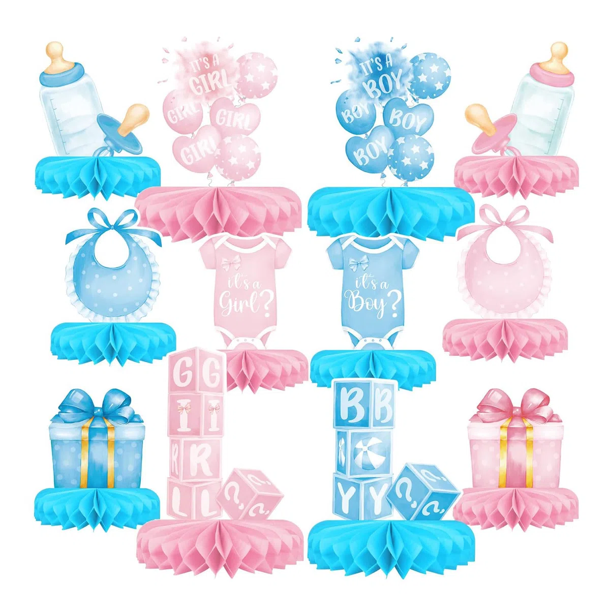 Set di Decorazioni per Rivelazione di Genere - Include Addobbi Tavolo con Centro A Nido d'Ape per Festa di Baby Shower Maschio O Femmina