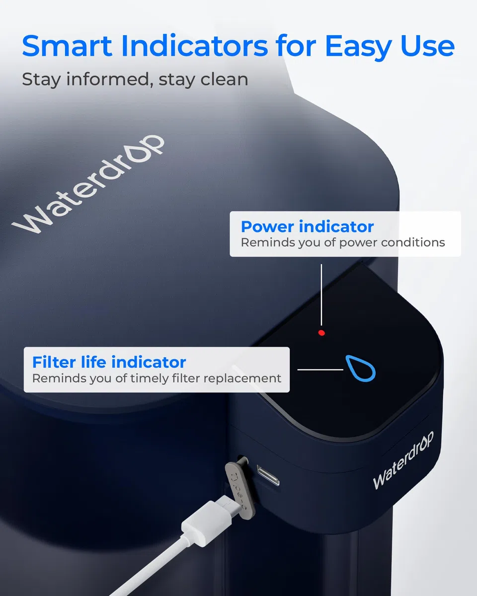 Waterdrop Caraffa Elettrica per Filtro Acqua ad Azione Immediata e Filtro a 3 Mesi, Sistema di Filtro Acqua da 3,5 Litri per Piano di Lavoro, Riduce il 98% di Cloro e Oltre 20 Impurità, Blu