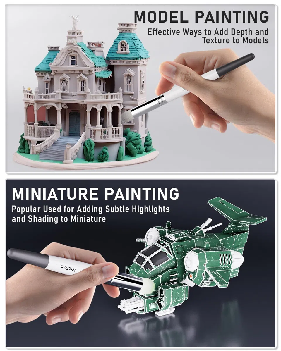 Nicpro Pennello asciutto in miniatura, pennelli professionali per modellismo di 7 dimensioni con scatola di immagazzinaggio, pennelli, pittura di modelli in miniatura