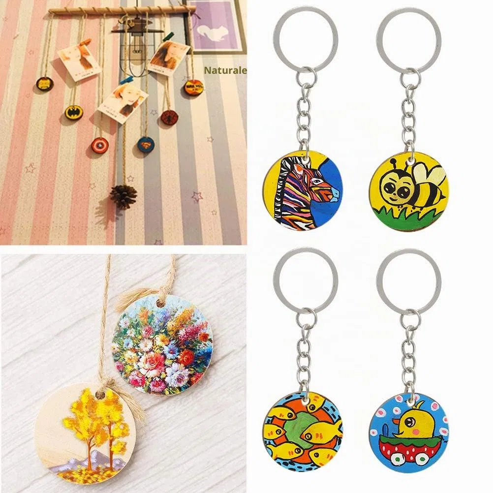 FOCCTS Fette di legno rotonde da 100 pezzi con anelli portachiavi da 100 pezzi adatti per artigianato, scrapbooking, ornamenti, progetti personalizzati