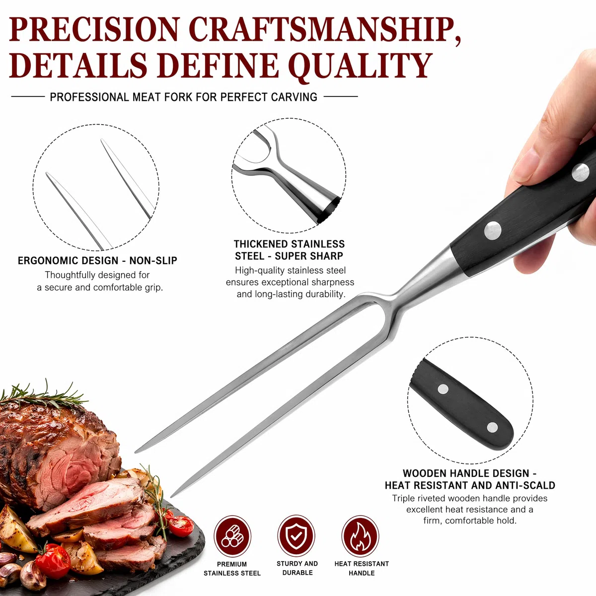 Forchetta da carne in acciaio inox con manico – Forchetta trinciante da 30 cm, Forchetta da portata professionale multifunzionale per barbecue, cucina, tacchino, arrosto cena