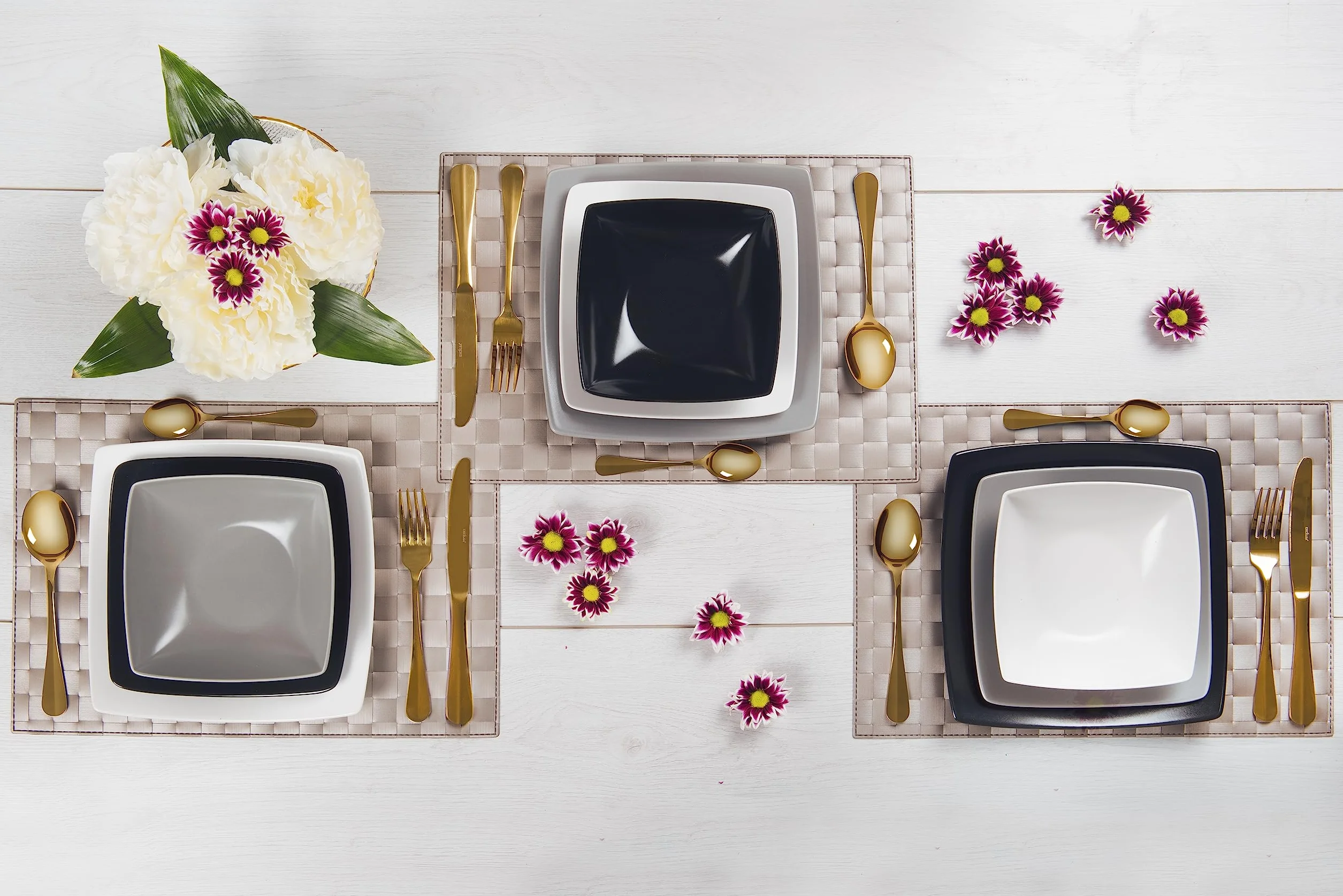 Excelsa Eclipse Servizio Piatti Quadrati 18 Pezzi, Ceramica, Bianco, Nero e Grigio