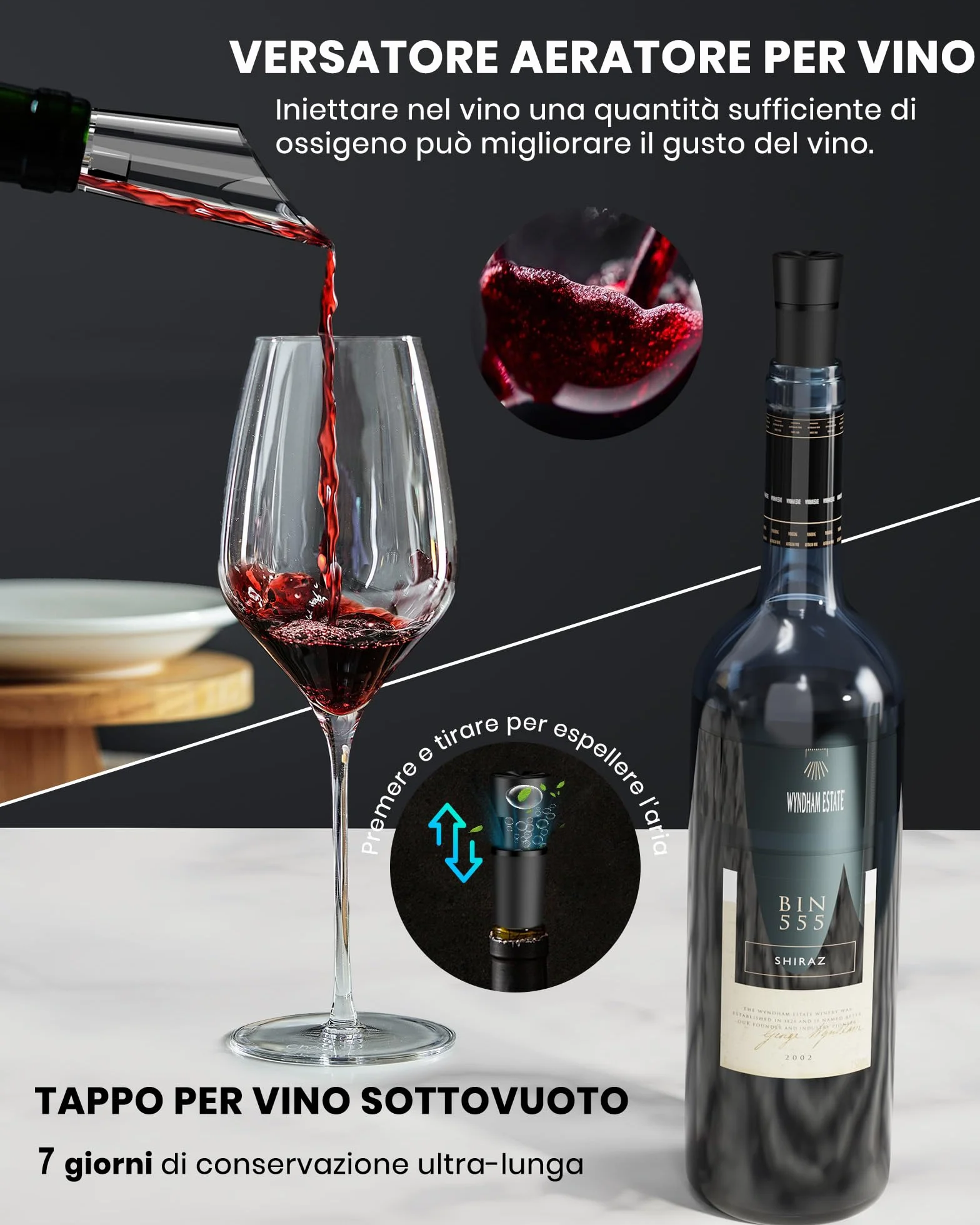 Cavatappi elettrico ricaricabile per vino con aeratore, 2 tappi sottovuoto e taglierina in alluminio, regalo uomo donna