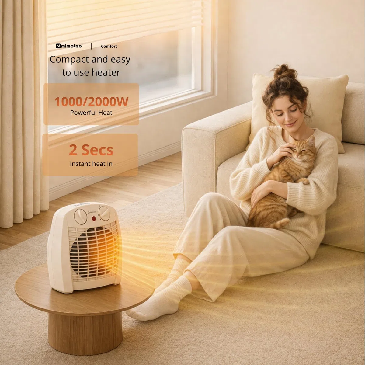 M Mimotec – Termoventilatore elettrico White Comfort 2000W Mimotec, riscaldamento portatile da pavimento, doppia potenza 1000/2000W, bassa rumorosità <53 dB, IP20, per ambienti fino a 20 m²