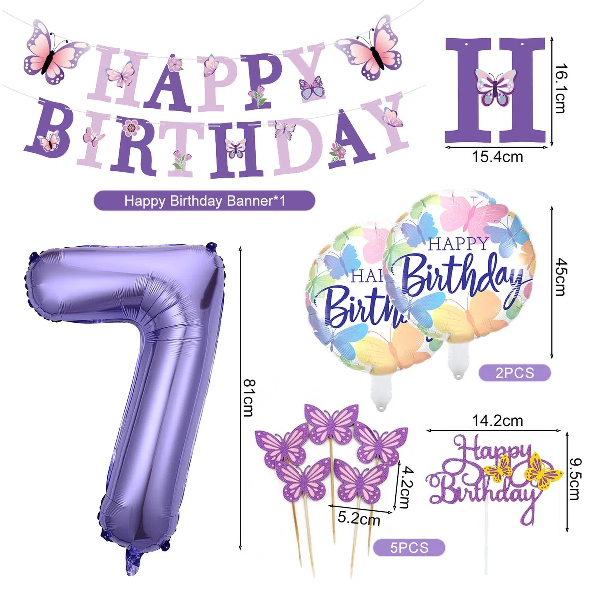Palloncini Farfalla Compleanno 7 Anni, XXL Farfalla Festa Decorazioni, Palloncino Numero 7 con Happy Birthday Striscione, per Festa Compleanno Farfalle Bambina