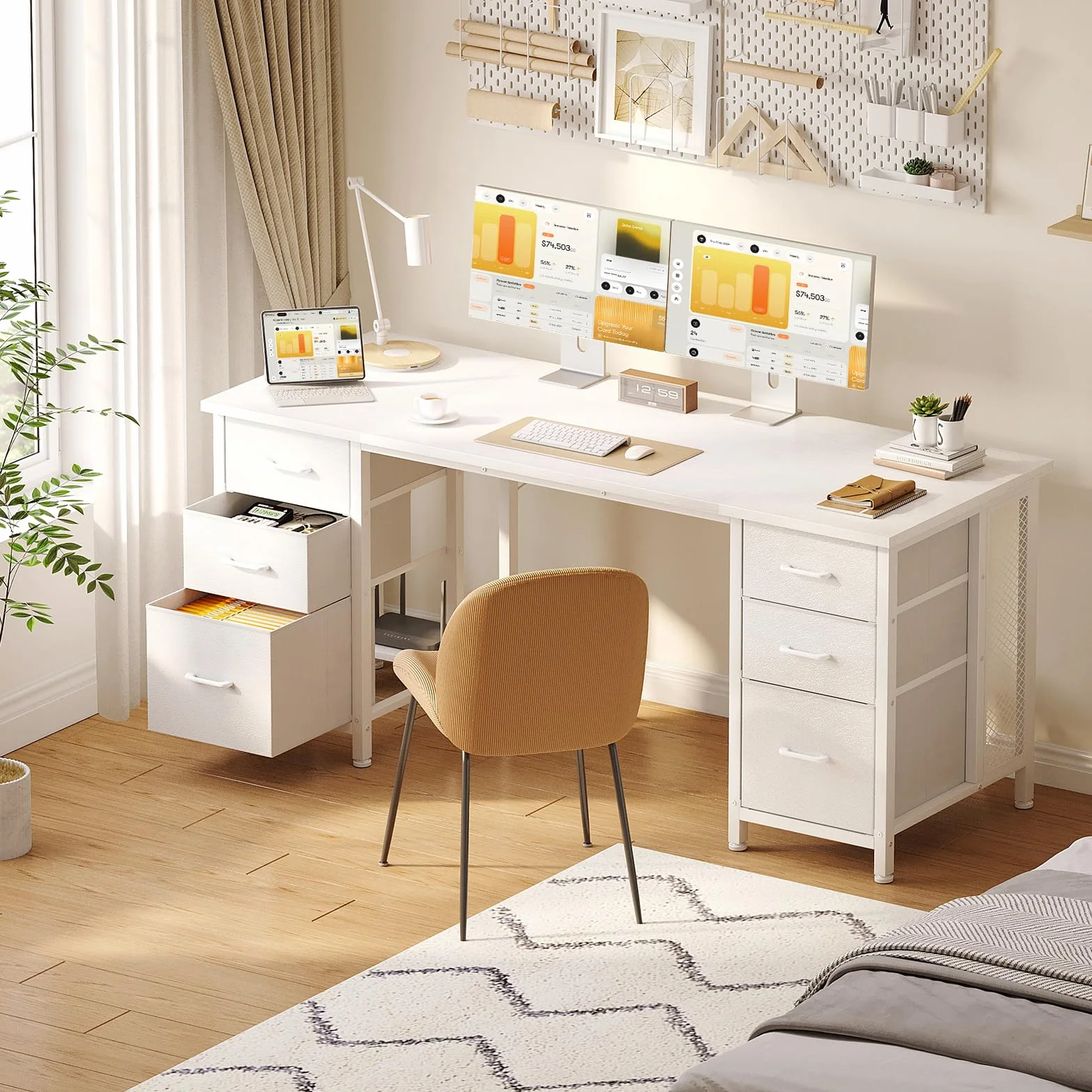 Coleshome Scrivania con 6 Cassetti, 160x52 cm Scrivania Salvaspazio, Scrivanie Ufficio con Ripiani per l'Ufficio di Casa, Bianca