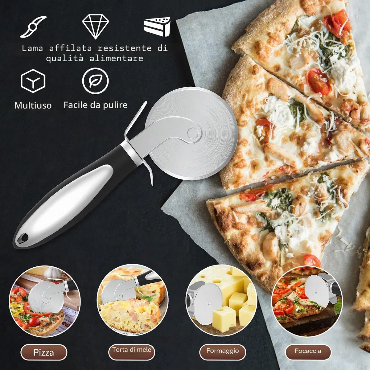 Rotella Taglia Pizza, Acciaio Inox Pizza Cutter, Rotella Tagliapizza è MoltoFacile da Pulire, Sicuro da Pulire in Lavastoviglie, Ergonomico, Antiscivolo Silicone il Manico