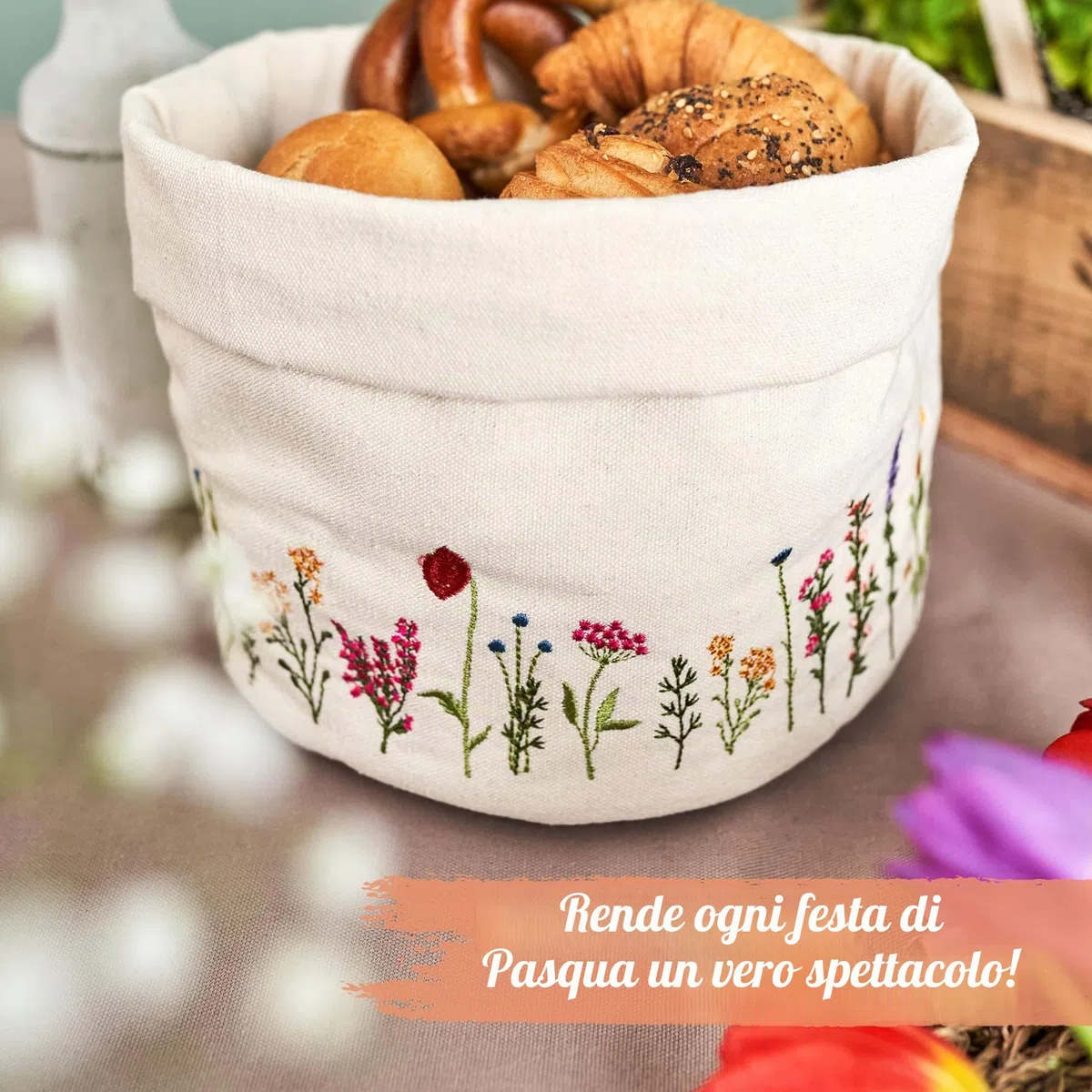PAPIERDRACHEN Cestino per il pane con prato primaverile – affascinante decorazione da tavolo – con ricamo floreale di alta qualità in effetto prato