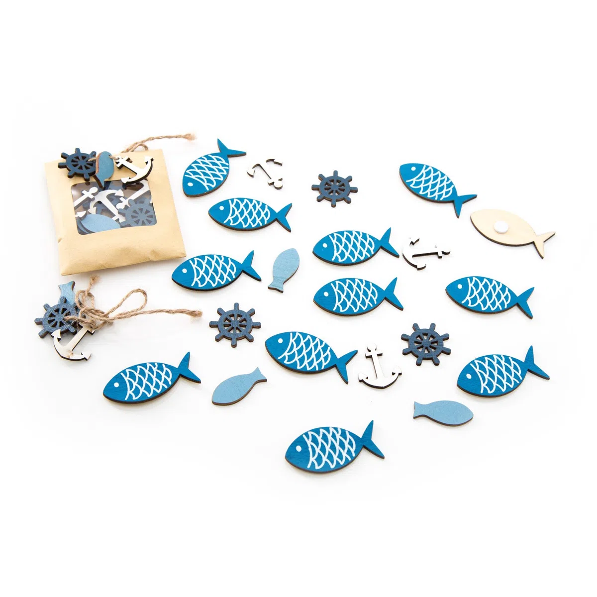 Logbuch-Verlag set 36 bomboniera adesivi forma di pesce timone ancota azzurro blu bianco legno decorazione marittima festa tavolo