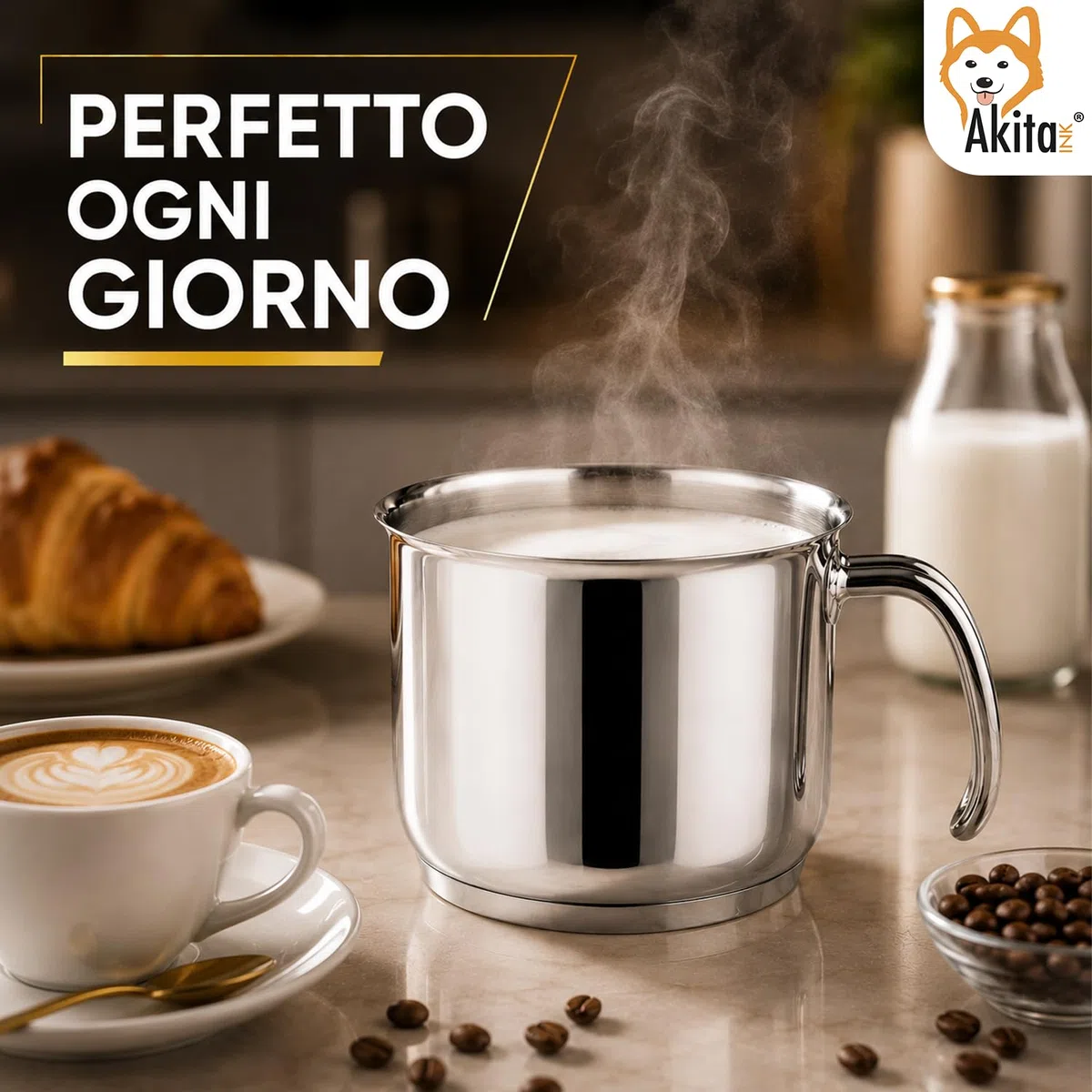 AkitaInk Bollilatte 12 cm in Acciaio Inox, Pentolino per Latte e Salse, Resistente e Pratico per Piccole Preparazioni in Cucina