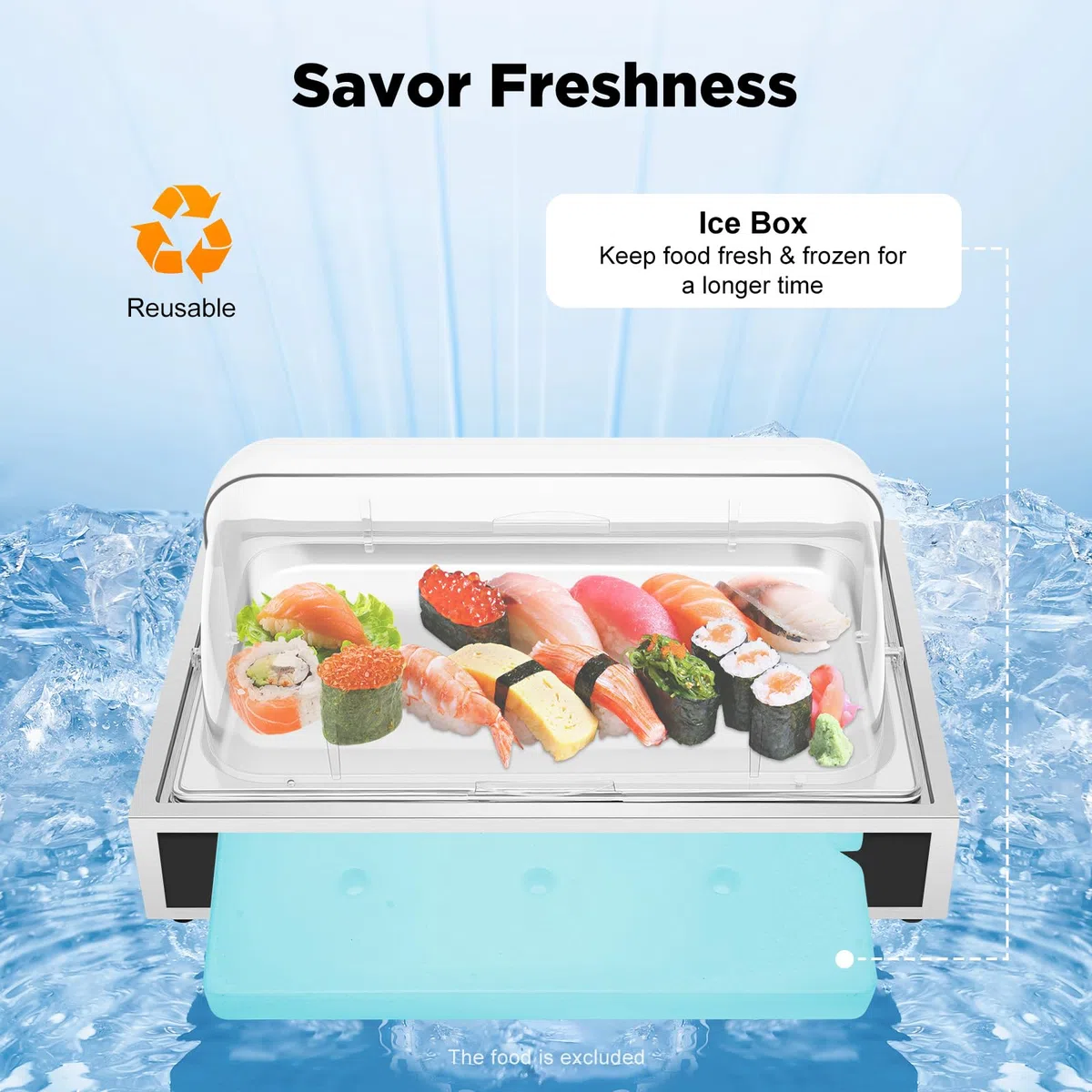 Piatto da portata refrigerante GN 1/1 con cappuccio, in acciaio inox da 6 l, ciotola refrigerante con piastra refrigerante, coperchio trasparente arrotolabile, piatto catering per buffet party