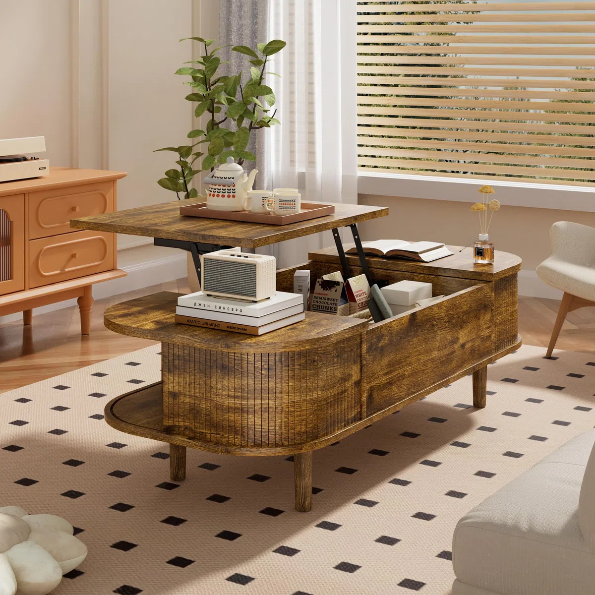 Tavolino da Salotto con Piano Sollevabile – Tavolino da Caffè Moderno in Legno con Anta Scorrevole e Contenitore Nascosto, ideale per Soggiorno, Piccoli Spazi e Home Office