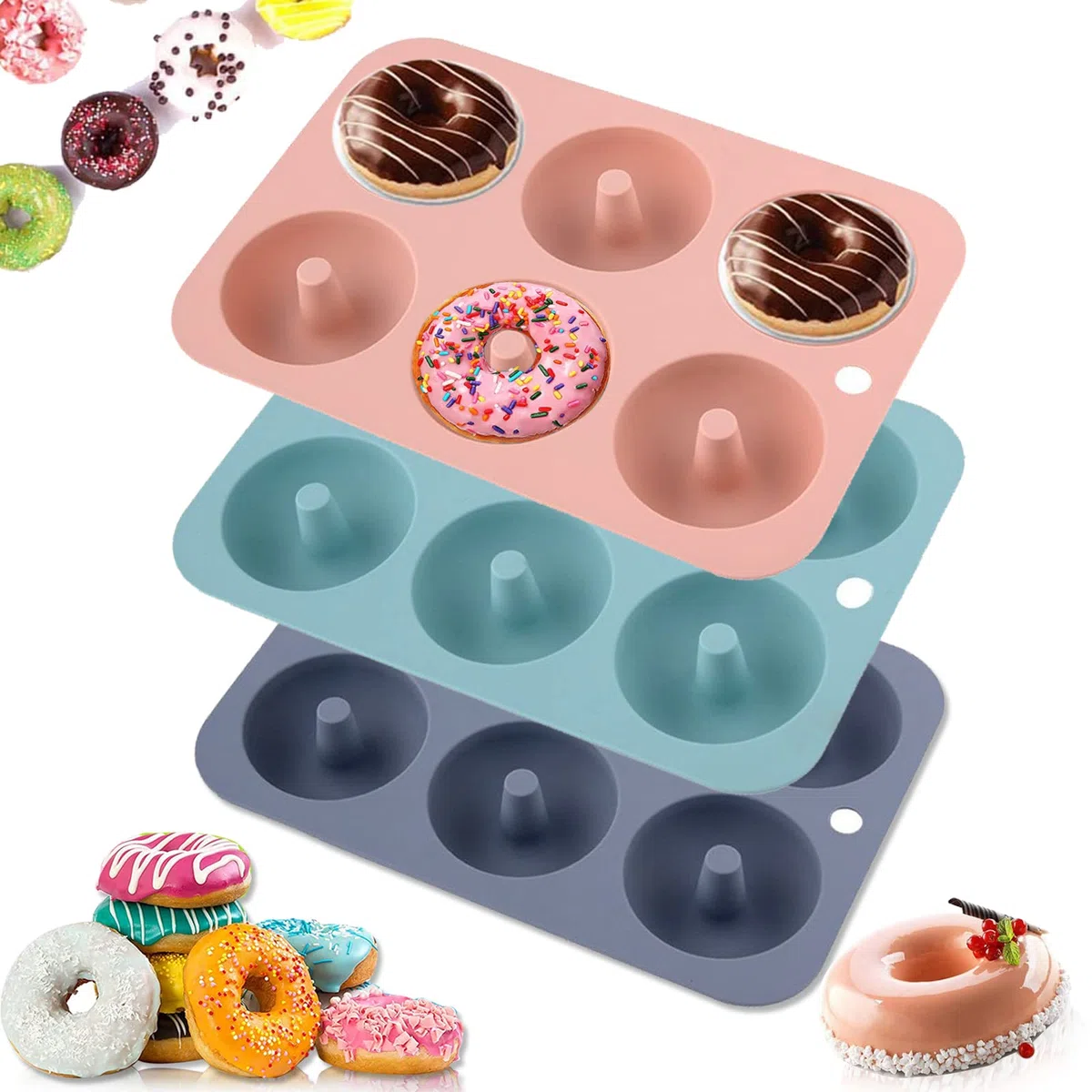 3 stampi per ciambelle a 6 cavità, antiaderenti, per alimenti, senza BPA, lavabili in lavastoviglie, adatti al forno