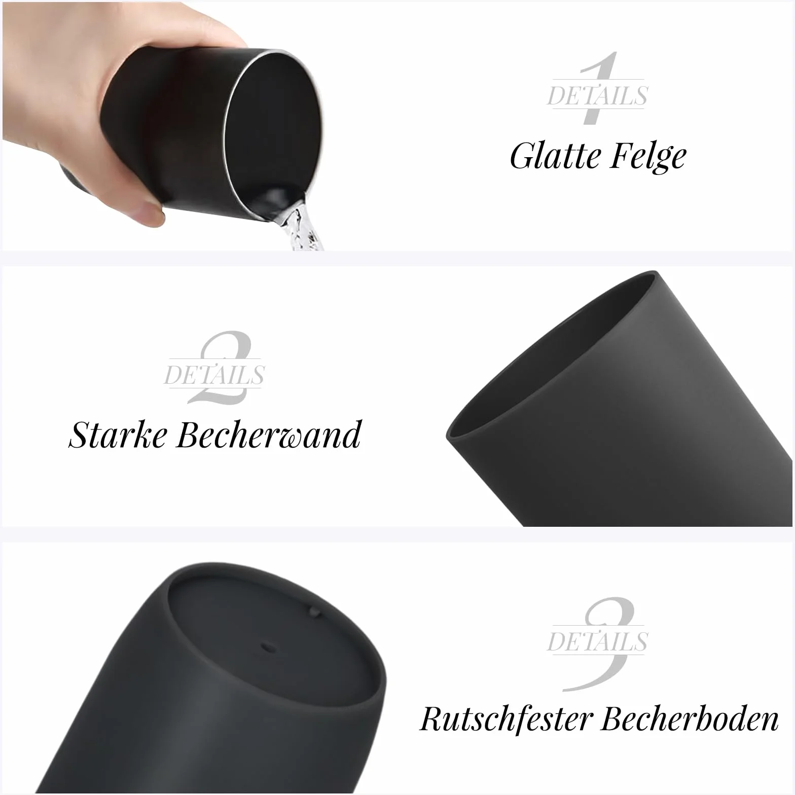 Set di 4 bicchieri per spazzolini da denti, impilabili, 280 ml, per bagno e viaggi, colore: nero AstraLoom