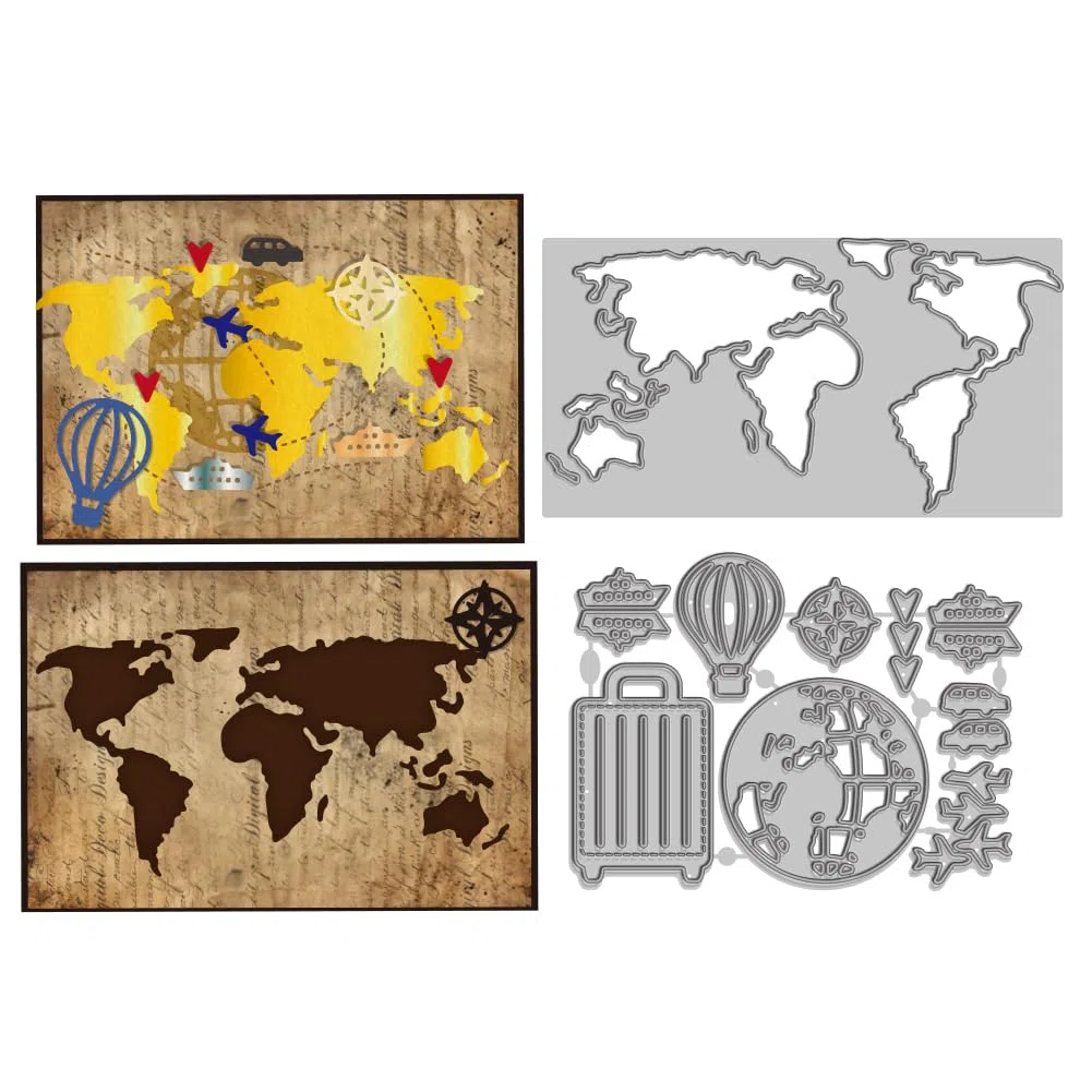 WADORN Tagli Fustellati per Il Taglio Della Mappa Del Mondo In Acciaio Al Carbonio, Tema Del Giramondo Metallo Fustelle Stencil Guida Alla Mappa Modello di Taglio per Mestiere di Scrapbooking