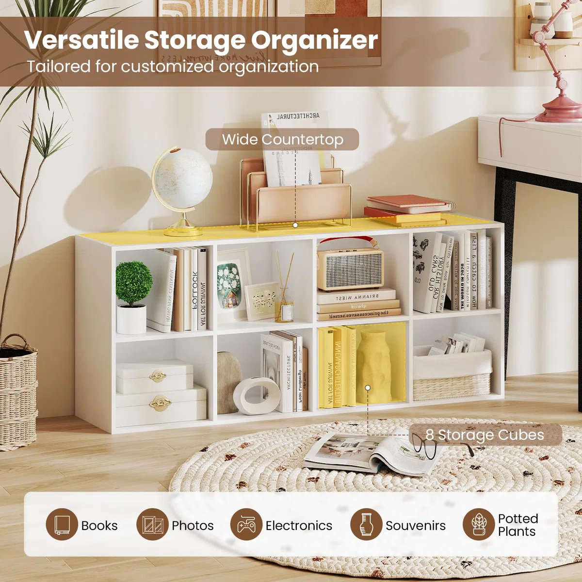 KOMFOTTEU Libreria Scaffale con 8 Cubi, Libreria Legno con 2 Dispositivi Antiribaltamento, Mobile Contenitore per Soggiorno, Camera da Letto, Ufficio, 121,5 x 29 x 61 cm (Bianco)