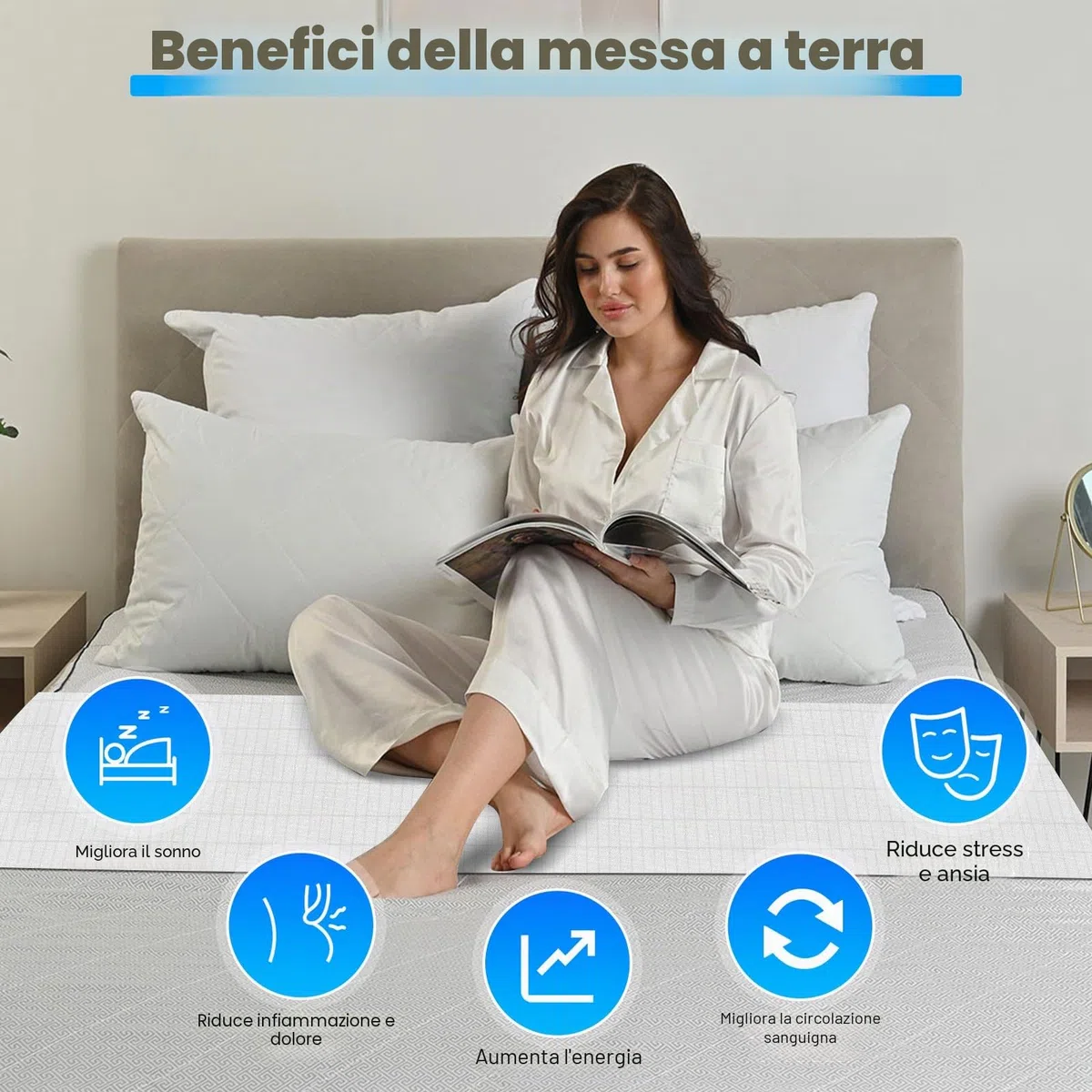 panthem Lenzuolo universale con messa a terra per letto – cotone biologico con fibra argentata per dormire meglio, 265 x 60 cm, con messa a terra (bianco)