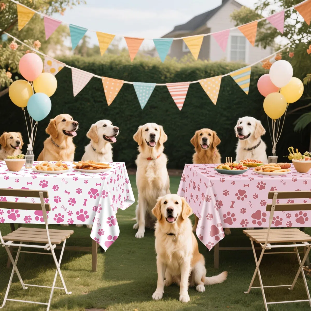 Tovaglia con stampa di zampe di cane rosa, 4 pezzi, rosa e bianco, per feste di compleanno a tema cane, 130 x 220 cm