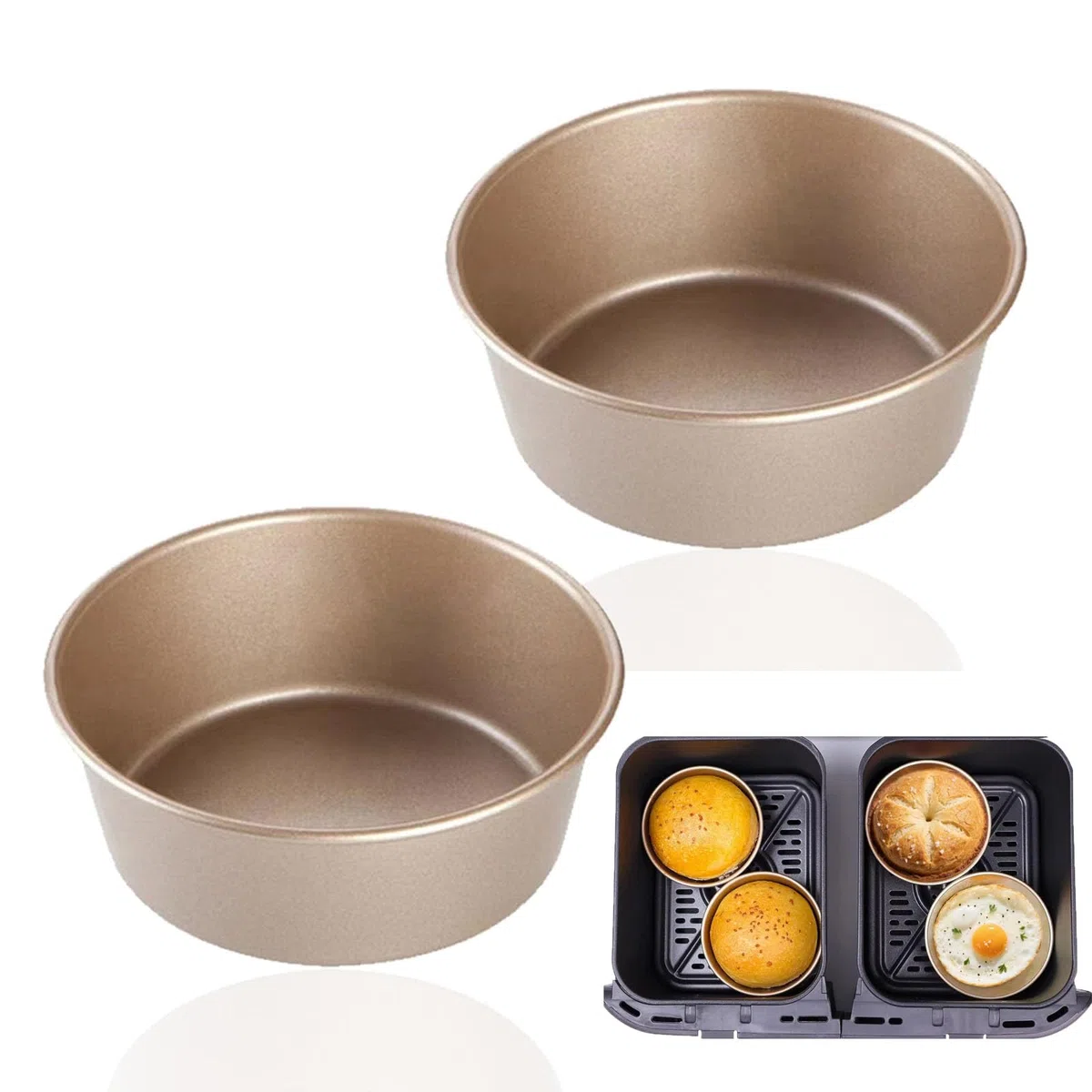 Stampo per friggitrice ad aria calda, 2 pirottini per friggitrice ad aria calda, 4,5 pollici, mini rotondi, antiaderenti, riutilizzabili, in acciaio al carbonio, per hamburger, panini, uova