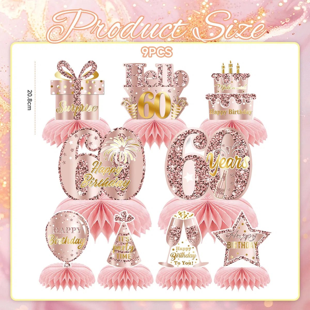 9 Pezzi Rosa Rosegold 60 Compleanno Favo Centro Tavola Decorazione per Ragazze Felice 60 Compleanno Decoro Tavolo Feste Accessori Torte di Compleanno a Diciotto An
