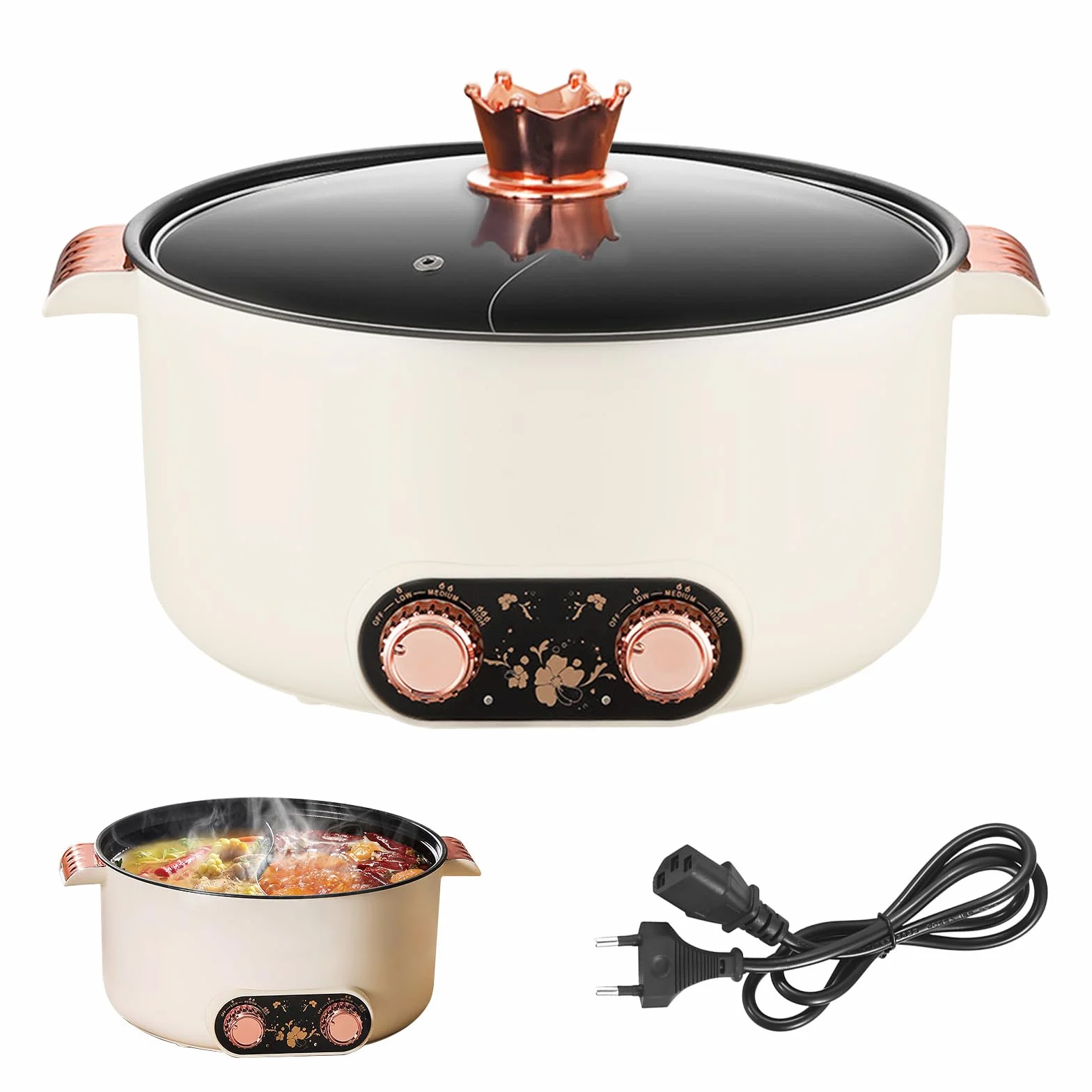 Pentola Elettrica, Pentola per Friggere da 5 Litri con Design a Scomparti Vaporiera Elettrica Antiaderente da 1350 W con 3 Regolazioni di Potenza per Cucinare in Pentola Preparare Zuppe Cucinare Noodl