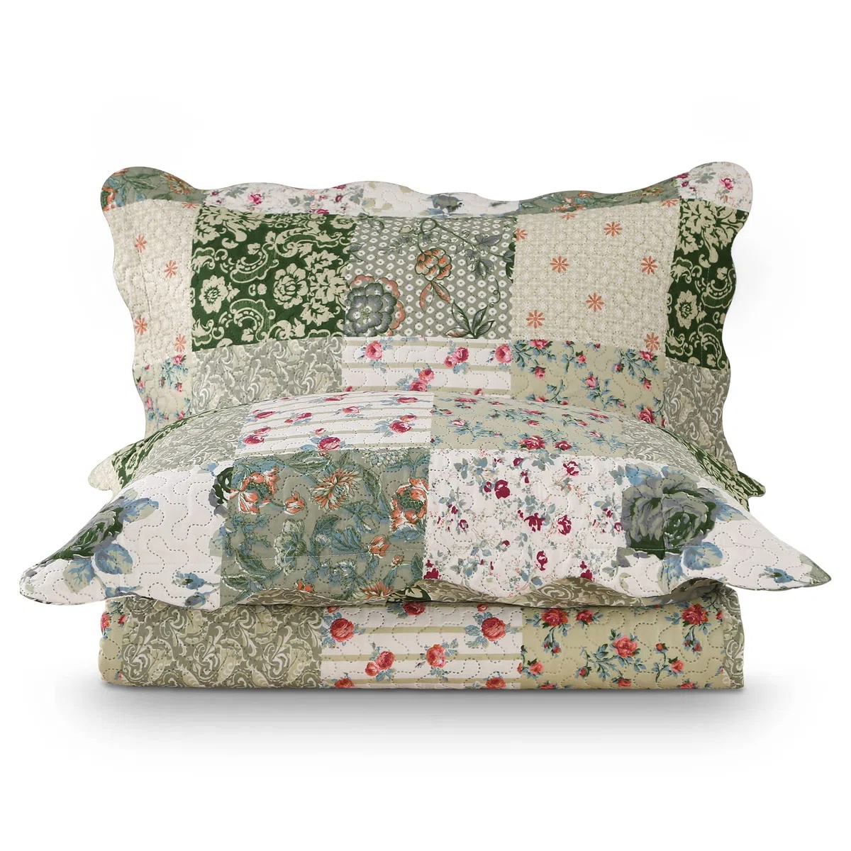 Qucover Copriletto Trapuntato Matrimoniale Patchwork, Copriletti Ultrasuoni in Poliestere Leggere, Trapunta Sottile Estivo Primaverile 230x260 cm con 2 Federe, Verde