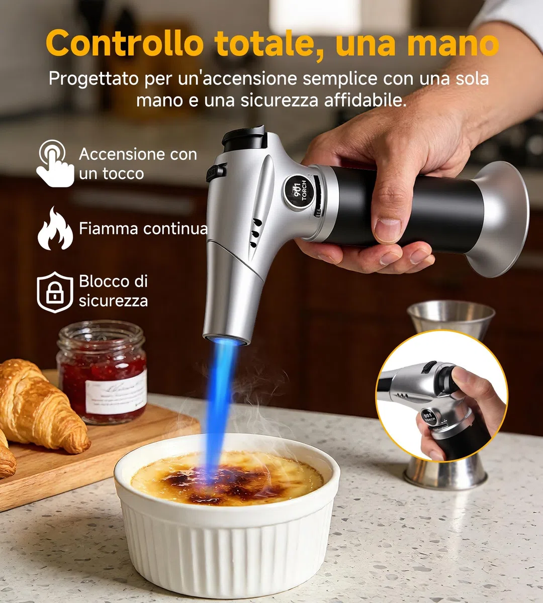 Ankway Cannello da Cucina, Fiamma Ossidrica Portatile con Blocco di Sicurezza e Fiamma Regolabile, Ricaricabile Regolabile per Rendere Croccante e per il Barbecue, Argento-Gas Butano Non Incluso