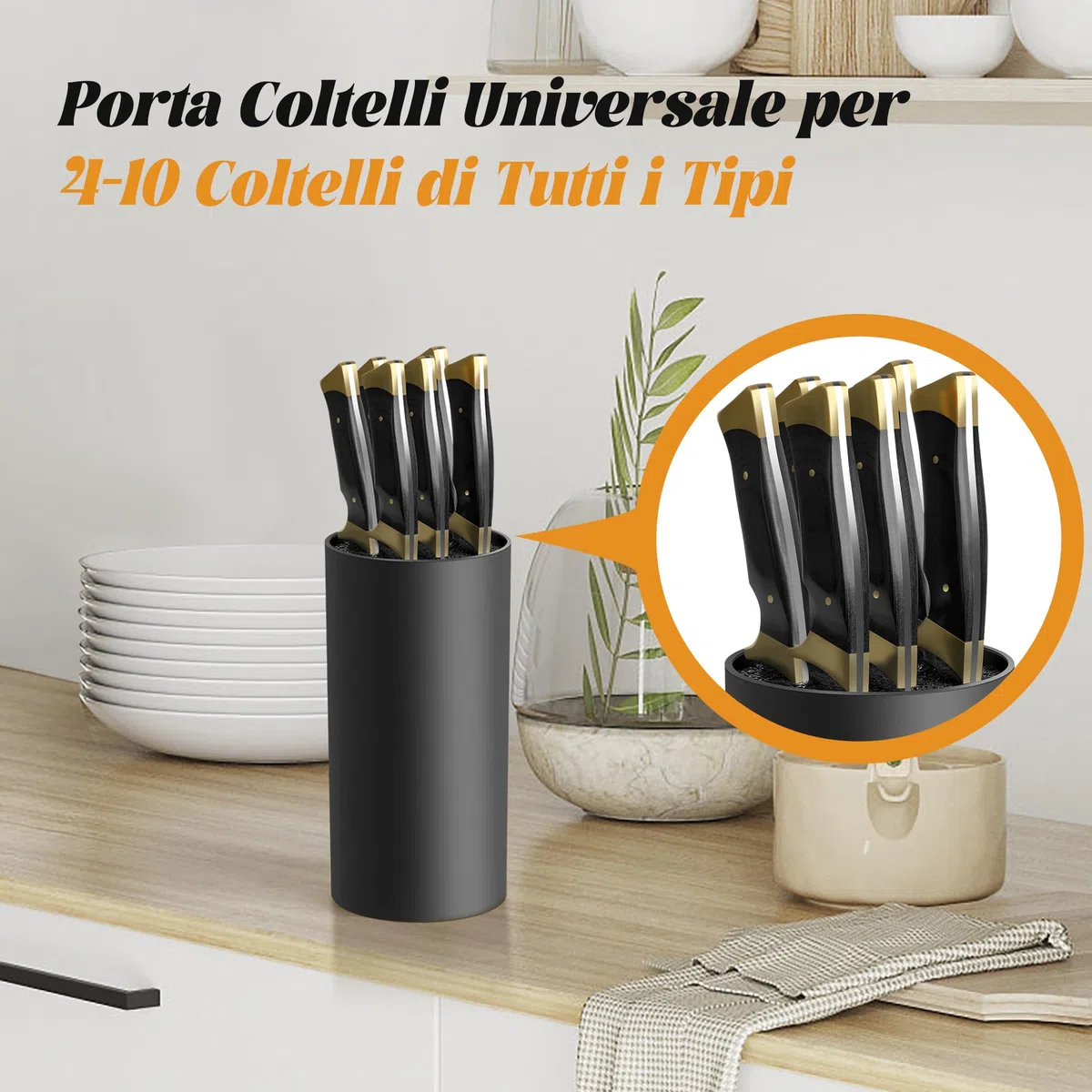 Ceppo Portacoltelli senza Coltello - Ceppo Portacoltelli non Attrezzato - Ceppo per Coltelli Nero con Lamelle Flessibili - Porta Coltelli da Cucina con Cassetto Portacoltelli