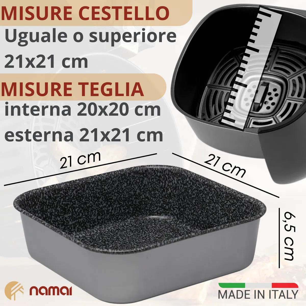 NAMAI - Teglia 20x20 Misure Interne, Teglia per Friggitrice ad Aria Quadrata, Adatta alla Lavastoviglie, Teglia per Forno, Alluminio, Effetto Pietra, Teglia 21x21 Misure Esterne (20 x 20)