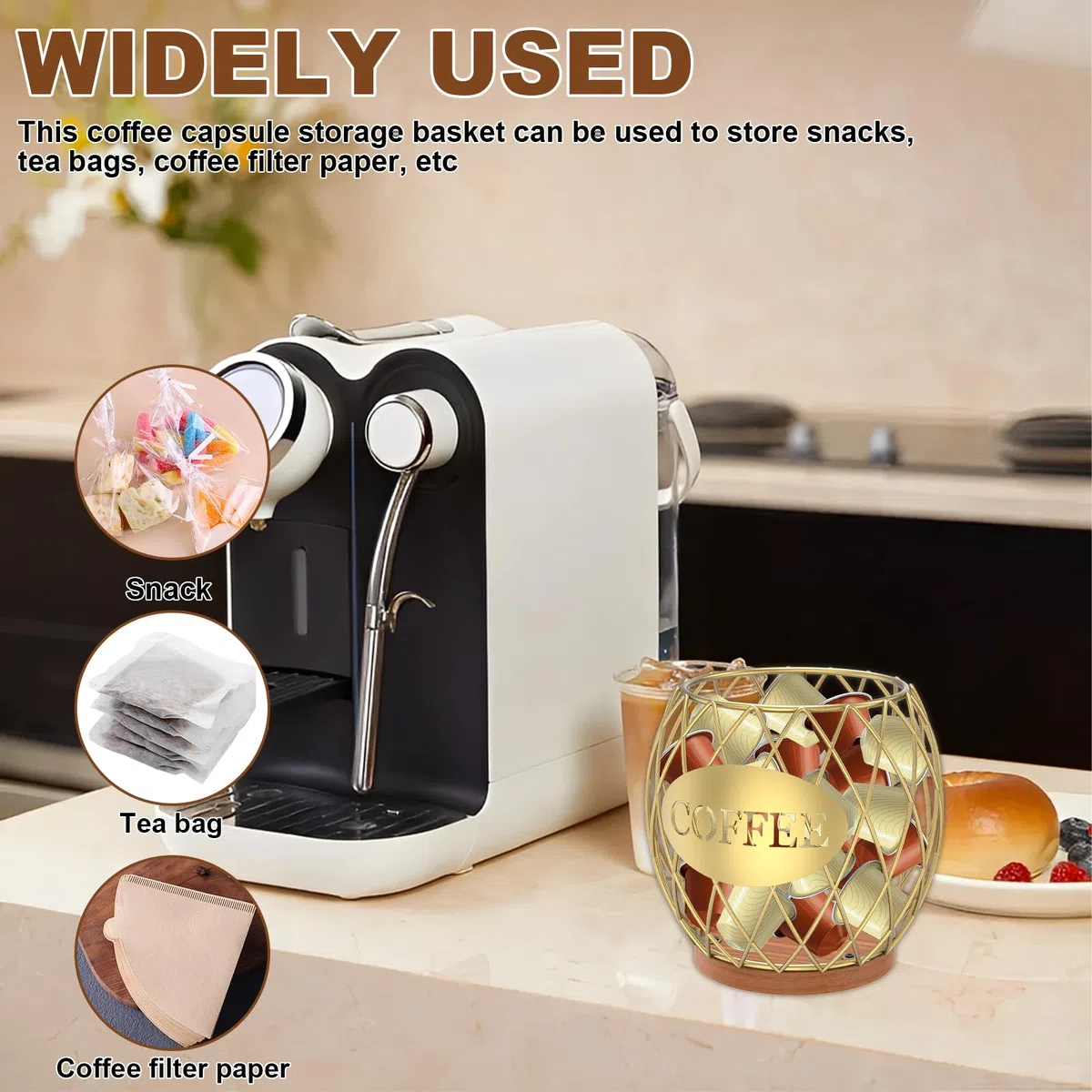 Cestino da caffè, 15 x 15 x 15,5 cm, in metallo, per capsule di caffè, per casa, cucina, bar, pub, bustine di tè (oro)