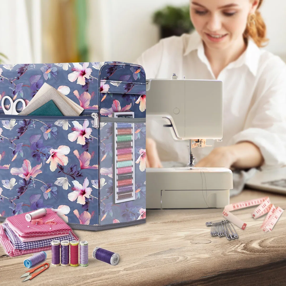FINPAC Copertura per Macchine da Cucire, Copertura Antipolvere con tasche compatibile con la maggior parte delle macchine da cucire standard Singer e Brother, (Blooming Hibiscus)