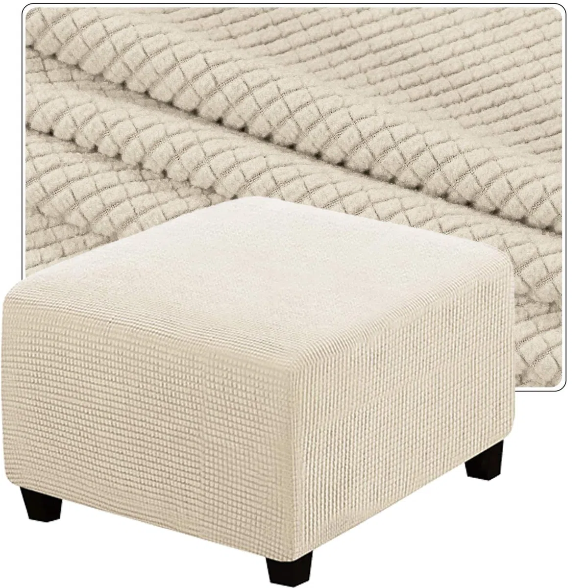 Fodera per Pouf Quadrato Elasticizzato Fodera per Pouf In Tessuto Protezione per Sgabello con Fondo Elastico Copri Poggiapiedi per Pouf Divano Decorativo (Beige 55X55 cm)