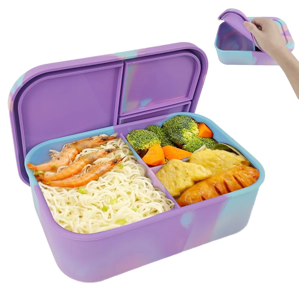 Contenitore per il pranzo in silicone da 1200 ml, per bambini, con scomparti, senza BPA, in silicone, infrangibile e a prova di perdite, per scuola, picnic, ragazze e ragazzi (viola)