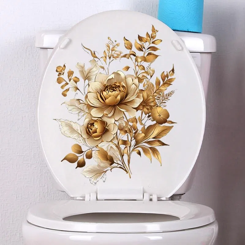 Adesivi per copriwater con fiori di peonia dorata, pesce uccello fiore foglia impermeabile coperchio del water decalcomanie cisterna adesivo da parete per bagno