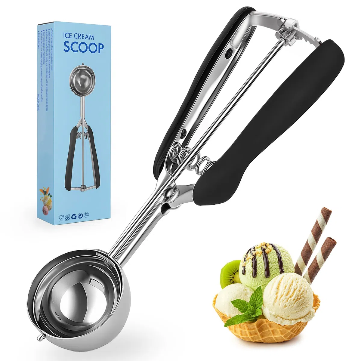 Cucchiaio Gelato Acciaio Inox 304, 5cm Porzionatore Gelato con Grilletto, Paletta Gelato per Biscotti, Torte, Melone, Polpette, Frutta, Impasto (Nero)