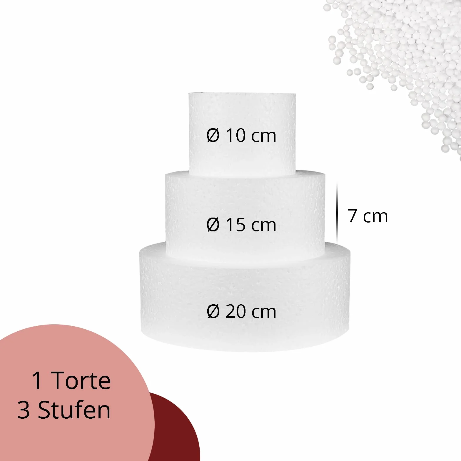 MCE-Commerce Set di torte in polistirolo, 3 piani, altezza 7 cm, 10 cm, 15 cm, 20 cm, EPS, bianco, 10cm 15cm 20cm