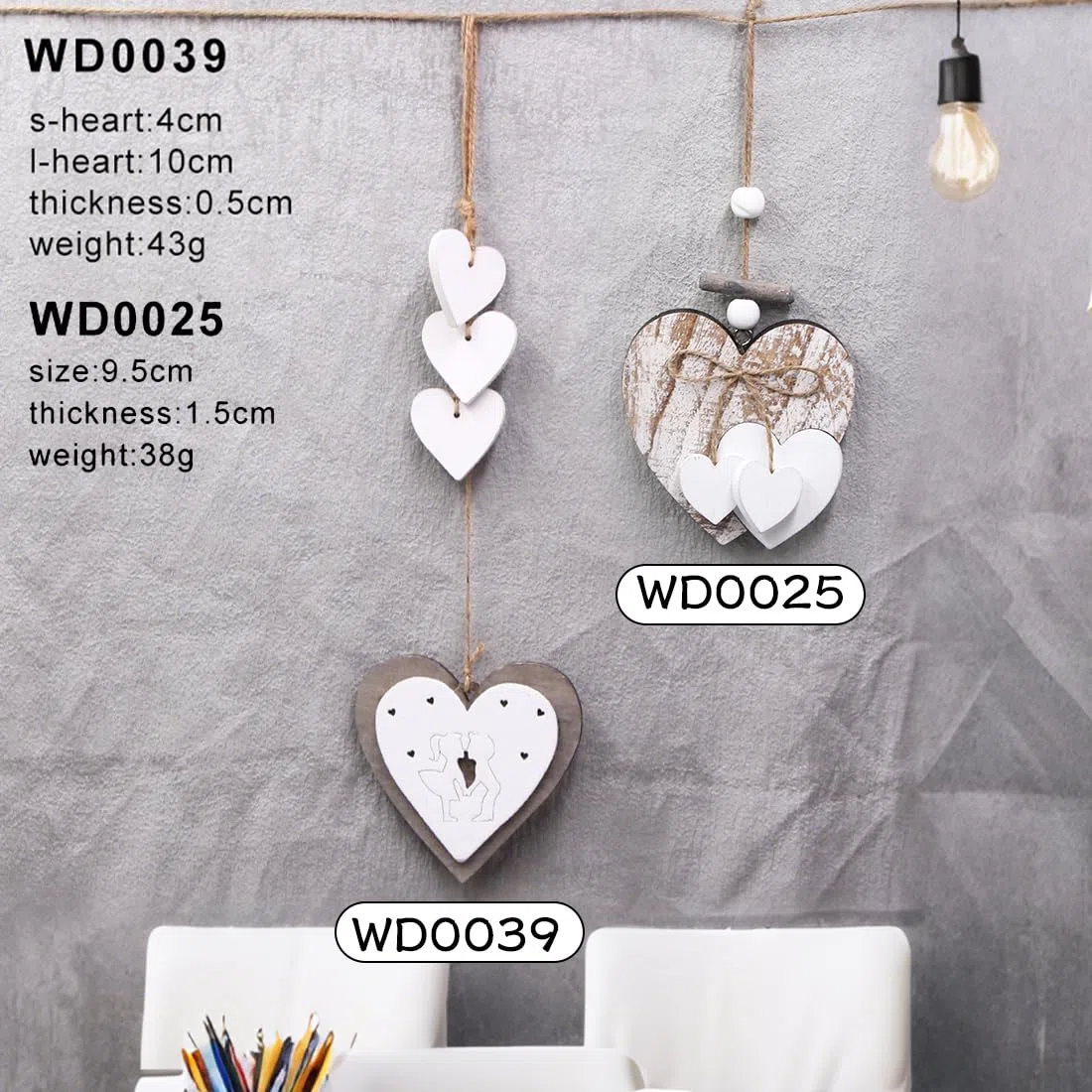 2 pezzi decorazione a forma di cuore mobile, decorazione per finestre, in legno naturale, bianco, cuore in legno, decorazione da appendere