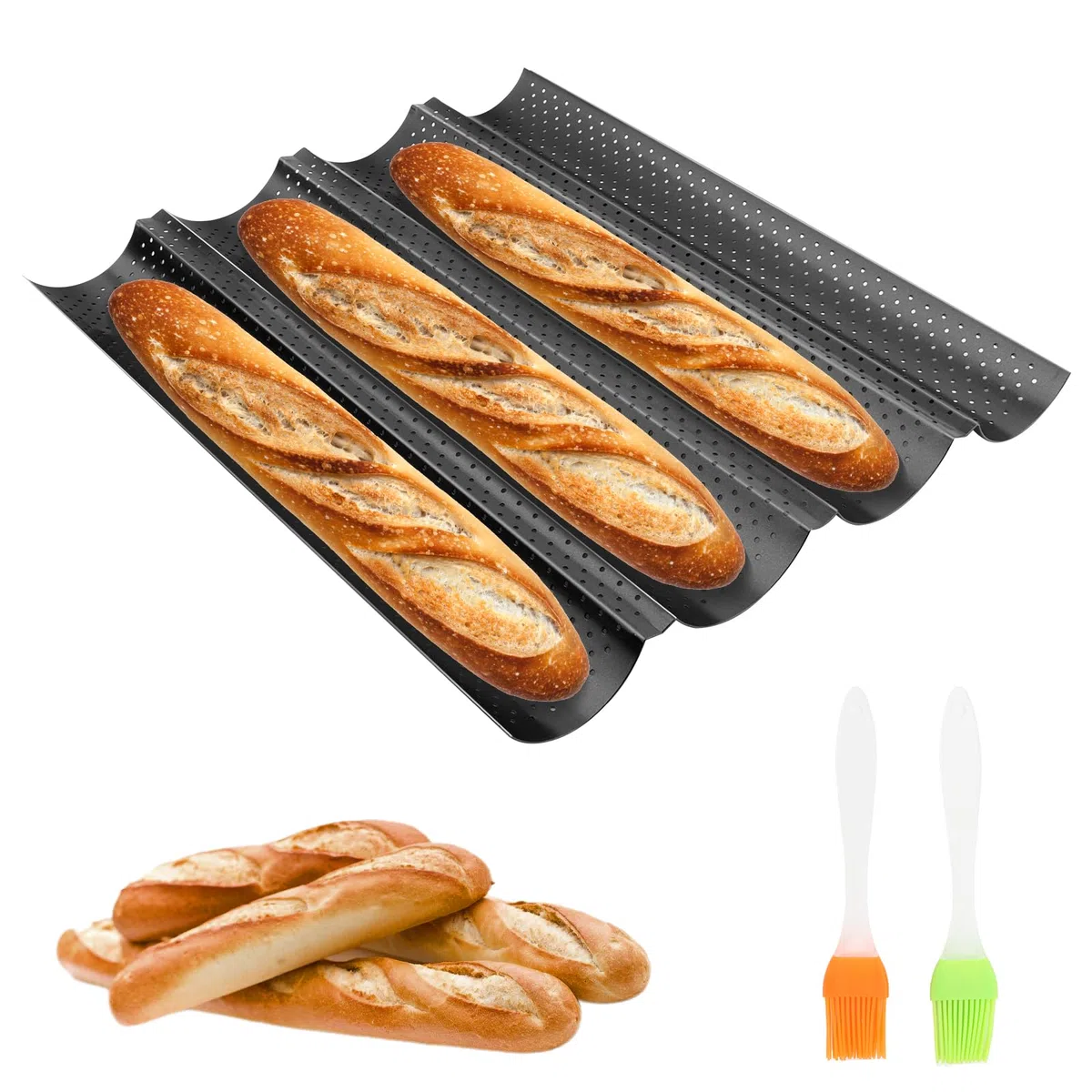 MXTIMWAN Teglia per Baguette, Stampo per Baguette, Teglia per il pane, Stampo per Pane Francese Con Rivestimento Antiaderente, Tampo per Baguette a 4 Griglie, Piastra per Pane Traforata