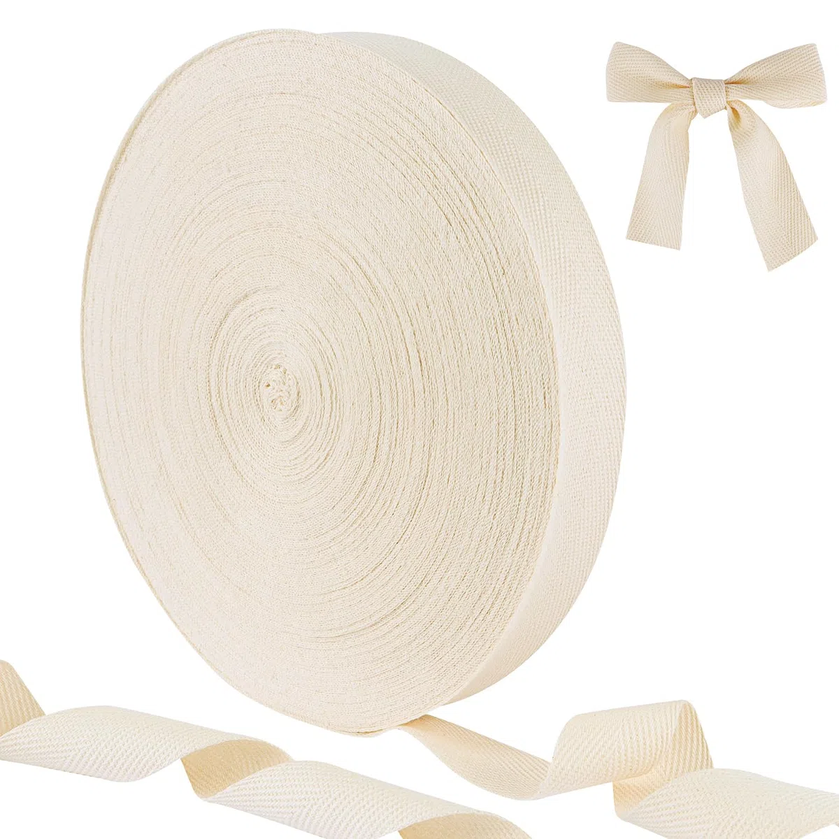 Nastro in twill di cotone, lungo 50 m, motivo a spina di pesce, larghezza 25 mm, nastro per bordi naturale, per fai da te, cucito, maglia, confezioni regalo, indumenti (bianco)