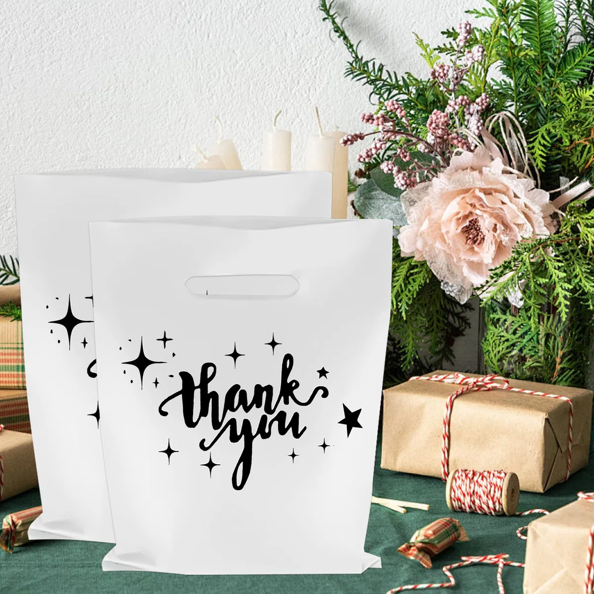 nplaseta 100 Pezzi Sacchetti Regalo Ringraziamento con Manici 30x40cm Sacchetti di Plastica per Tende Riutilizzabili per Negozi Boutique,Festività (Bianco)