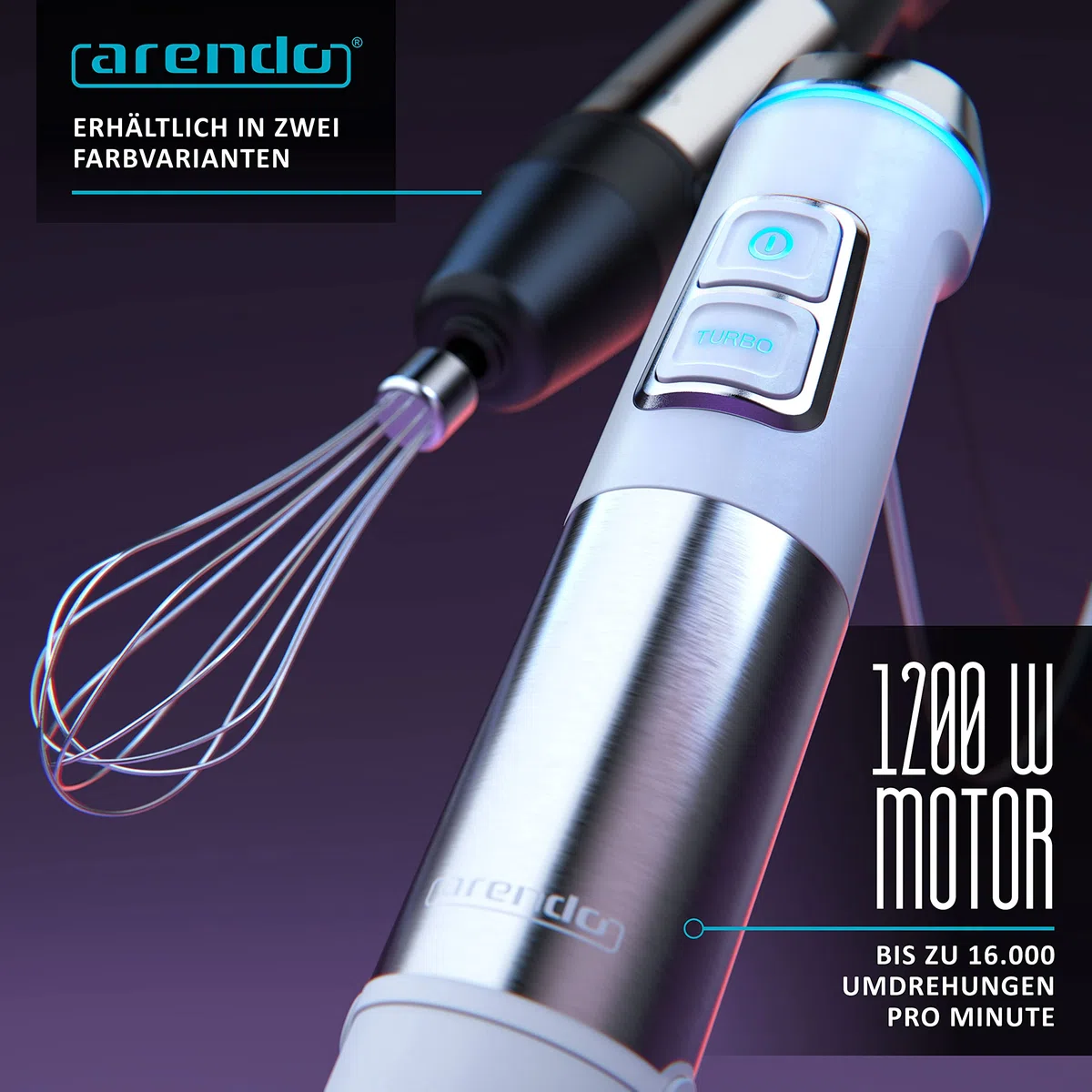 Arendo - Frullatore a immersione in acciaio inox da 1200 Watt - Frullatore ad immersione - Velocità continua - Coltello a 4 ante - Misurino da 800 ml - frusta - Piedino rimovibile