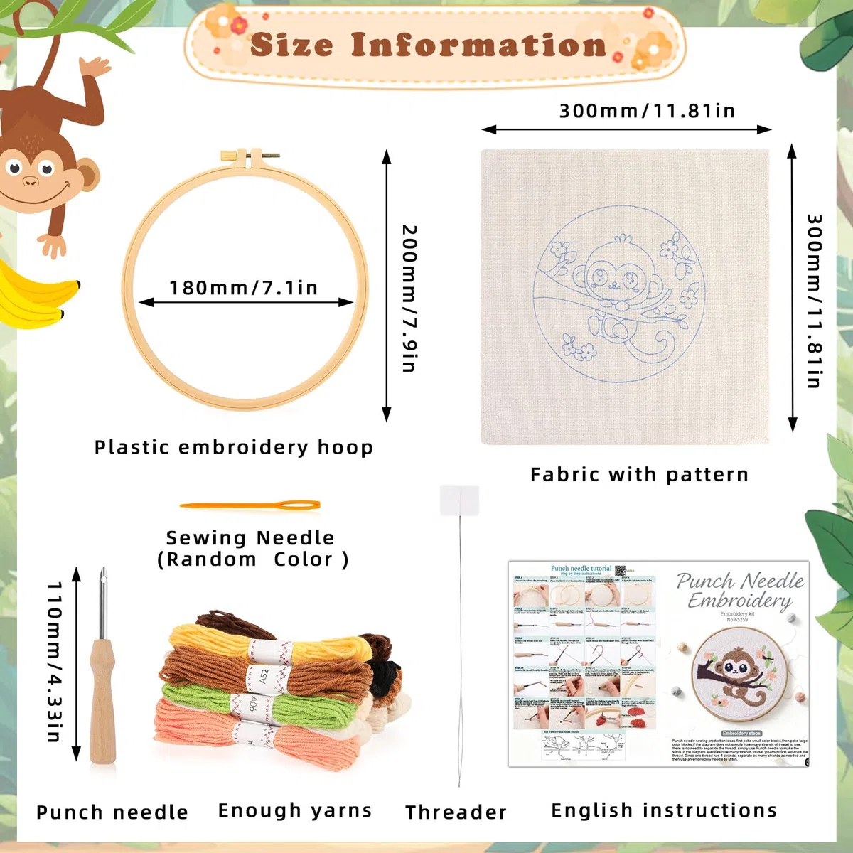 JSRQT Ricamo Starter Kit per Aghi da Punzonatura con Motivo a Scimmietta,Punch Needle Starter Kit con Penna a Punzone per Principianti