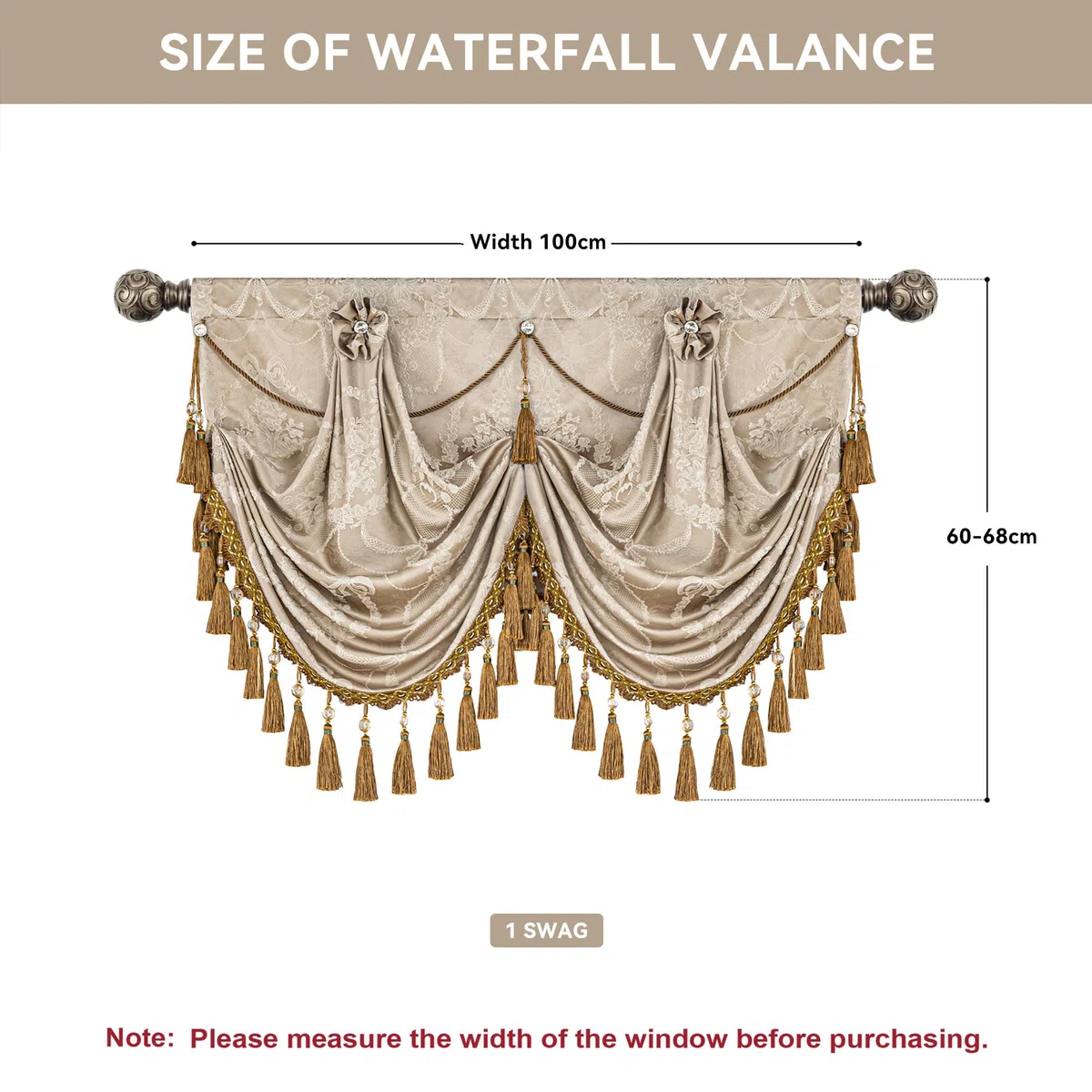 Mantovana a Cascata per Finestre, Mantovana Damascata con Nappe, Tenda Corta Jacquard per Camera da Letto Soggiorno Cucina 1 Pezzo (Larghezza 100cm, Sabbia)