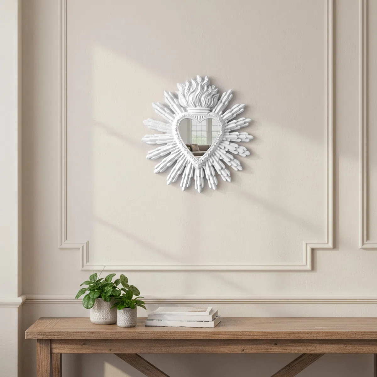Baroni Home Specchio Ex Voto Cuore Sacro con Raggi in Resina Dorata, Cuore Bianco, Decorazione da Parete con Gancio, Specchio Bianco da Parete, Ingresso, Soggiorno, Camera da Letto 27x2x28 cm