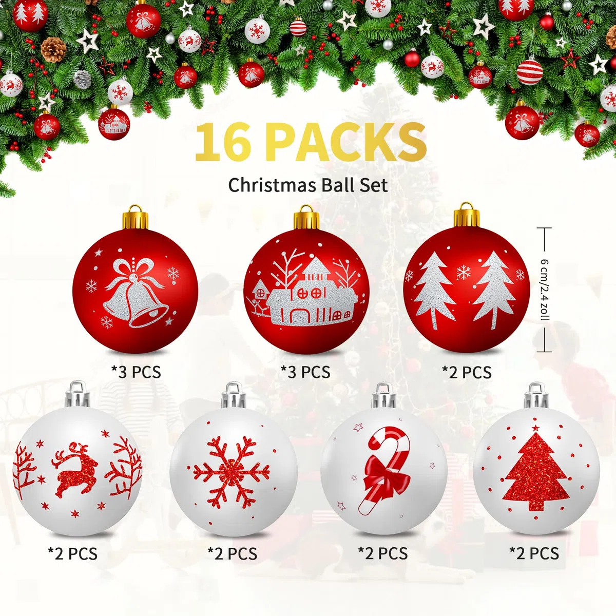 Palline di Natale Bianche e Rosso, 16PCS Decorazioni Albero di Natale, 6cm Palline Plastica con Gancio, Idee Regalo Decorazioni Natalizie per la Casa(7 Tipi Modelli)