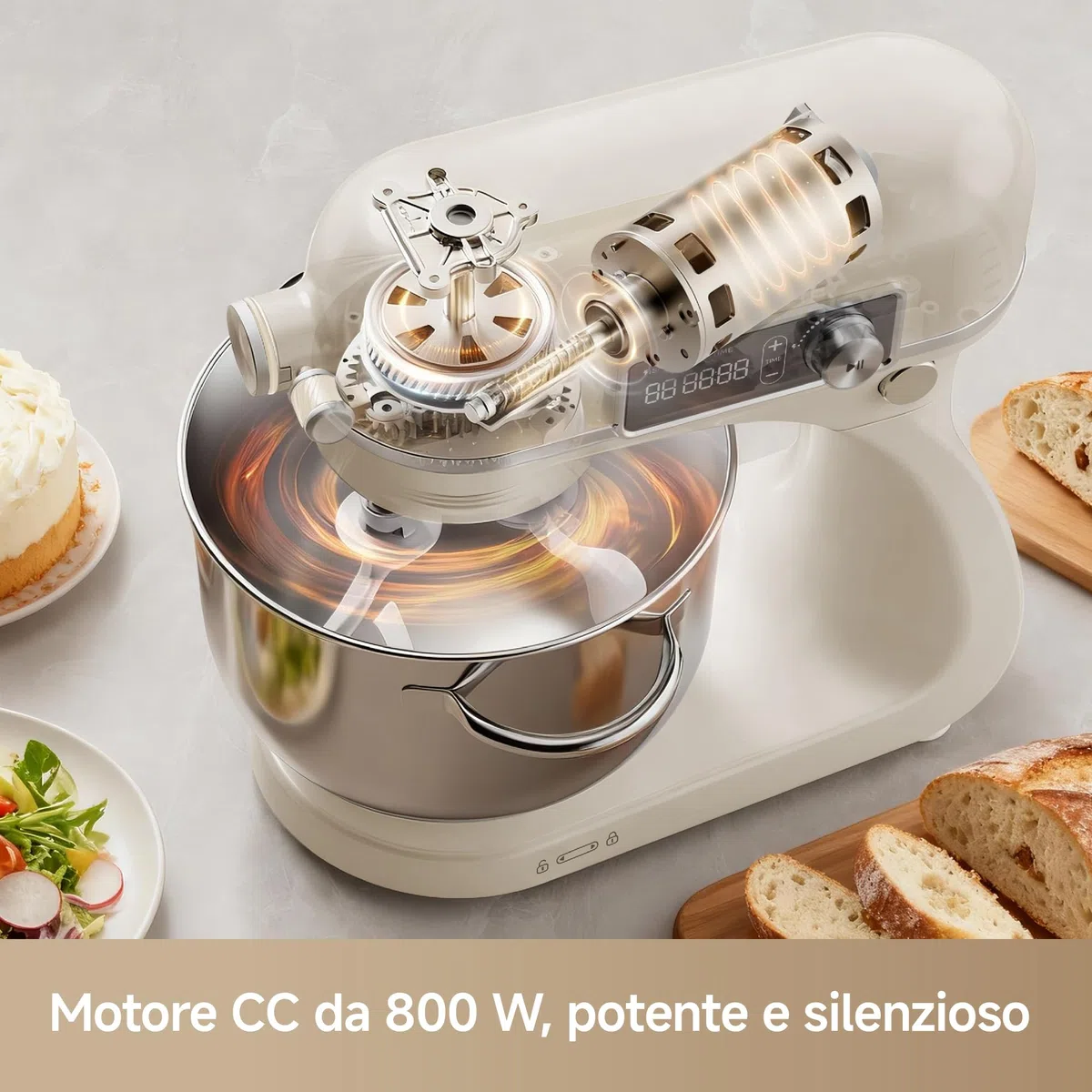 DREAME BioKnead Impastatrice Planetaria. Doppio Gancio Brevettato e Motore CC Silenzioso da 800 W con Ciotola da 6 L, Display Digitale, 12 Velocità e Numerosi Accessori per Ogni Attività, Bianco