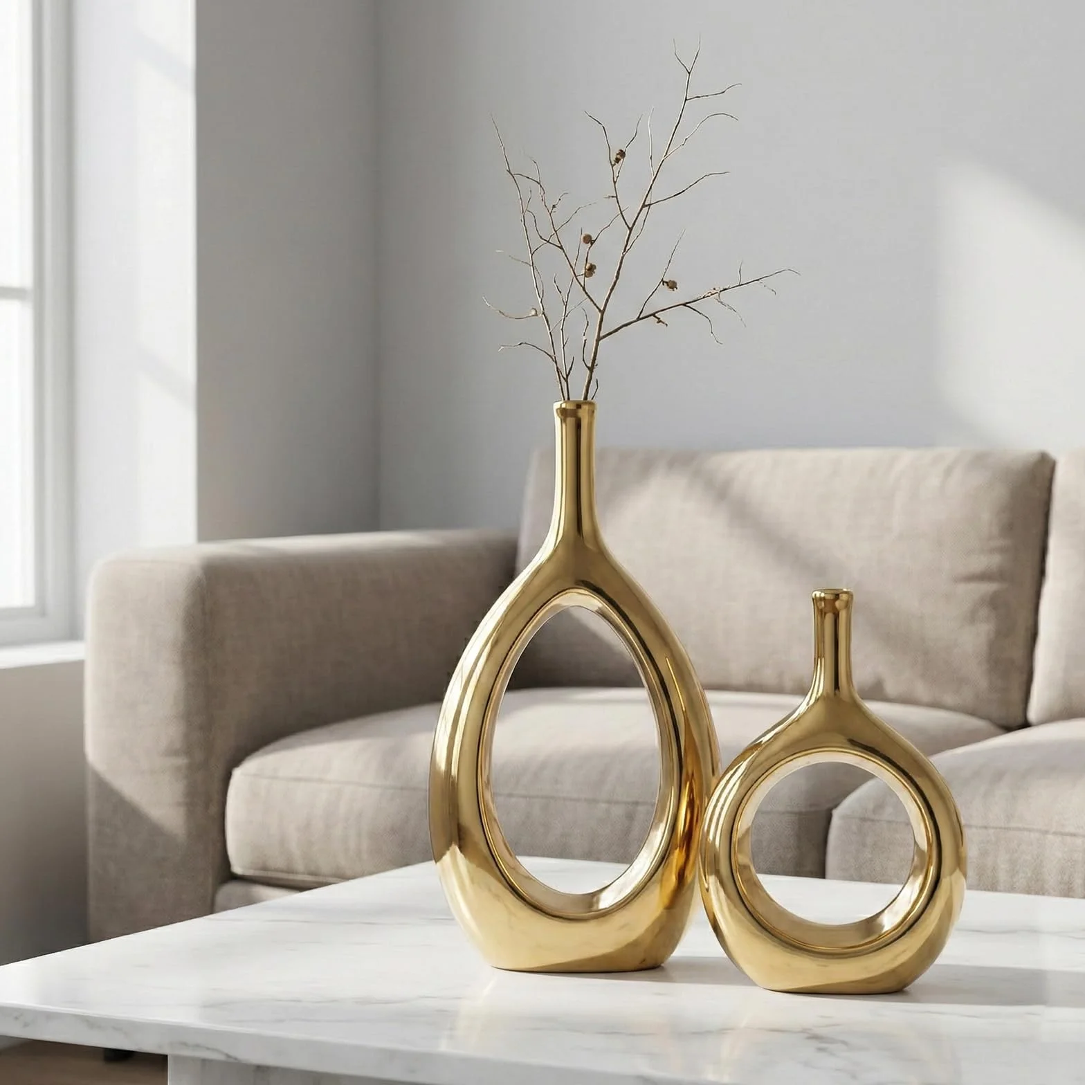 Set di 2 Vasi Moderni Decorativi in Ceramica Placcato Oro, Vaso Dorato con Design Aperto Centrale, Centrotavola Elegante per Soggiorno, Sala da Pranzo, Camera da Letto e Ingresso - Altezza 30.5 cm