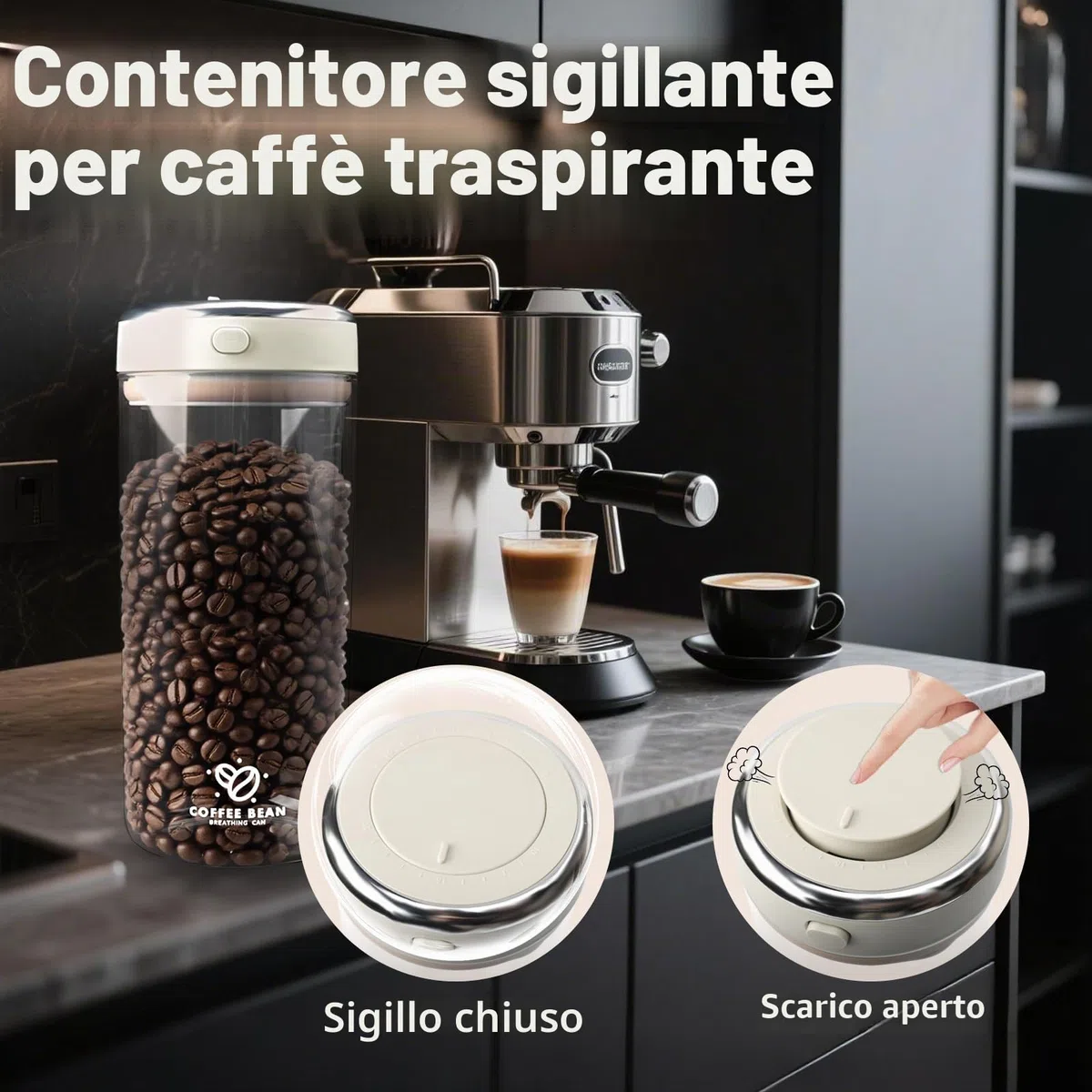 Barattolo Caffè Ermetico 1700ml Contenitore per Chicchi in Vetro Valvola di Degasazione Data di Conservazione e Tenuta Stagna Contenitore Caffe per Caffè Tè Frutta Secca Latte in Polvere