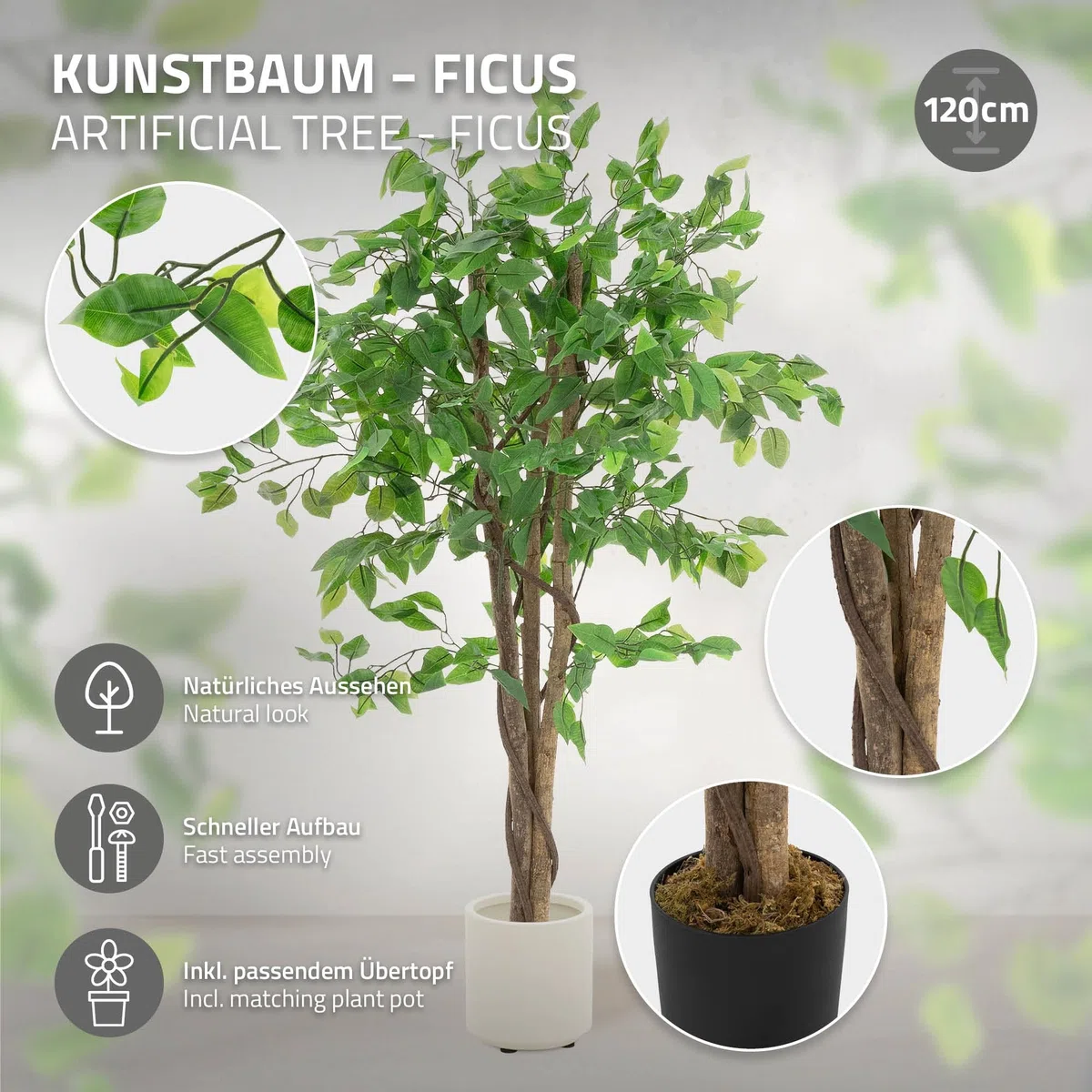 ML Design - Pianta artificiale Ficus, 120 cm, piante artificiali grandi come vere, finte da interno con tronco in legno naturale, per interni ed esterni, facile da pulire, per soggiorno e ufficio