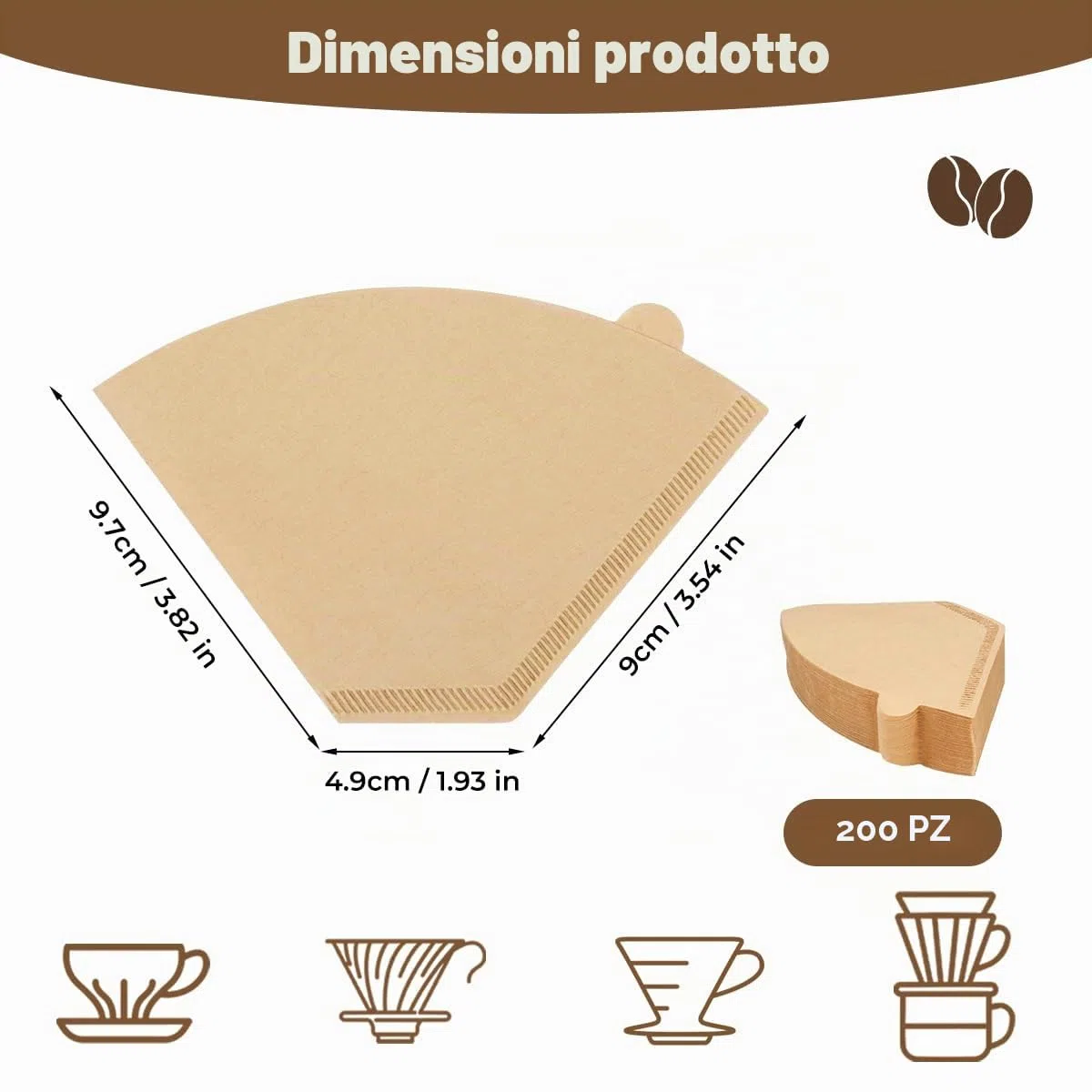200 Pezzi 2-4 Tazze Filtro Caffe Americano 02 | U Forma, Naturale, Non Sbiancata per Filtri Manuali, Macchine da Caffè, Caffettiere